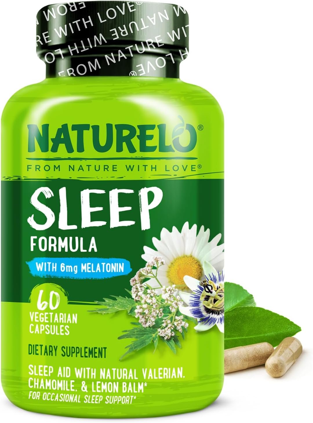 NATURELO Sleep Aid – with Melatonin, Magnesium, GABA, Valerian Root, Lemon Balm, Chamomile Herbal Extracts – Plant-Based Sleeping Aid – 60 Vegan Capsules