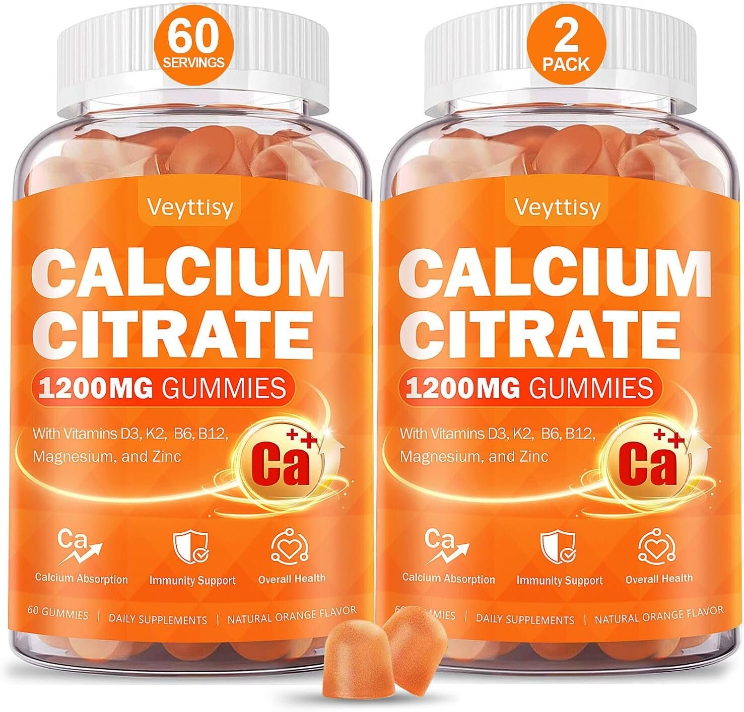 Calcium 1200 mg with Vitamin D3 Supplement for Adults – Calcium Gummies with 5000iu Vitamin D3, K2, B6, B12, Magnesium & Zinc – Calcium Supplement for Women Men – Easy to Digest, Vegan (2 pack)
