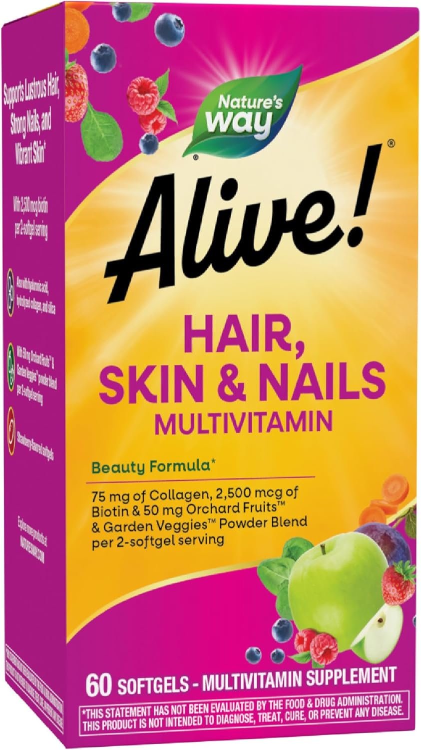 Nature’s Way Alive! Hair Skin and Nails with Collagen 75 mg & Biotin 2500 mcg per 2-softgels, Dietary Supplement for Healthy Hair Skin and Nails Support*, 60 Softgels (Packaging May Vary)