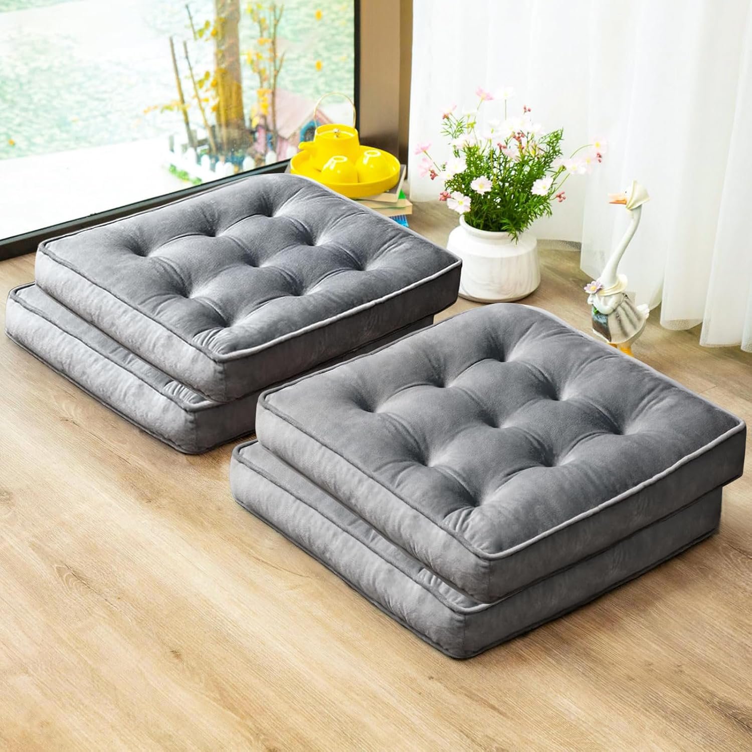 1 MIDDLE ONE Floor Pillow Set of 4, Memory Foam Meditation Cushion, Floor Cushions for Adults Sitting, Large Square Seat Cushions for Yoga, Living Room, 20×20 Inch (Grey)