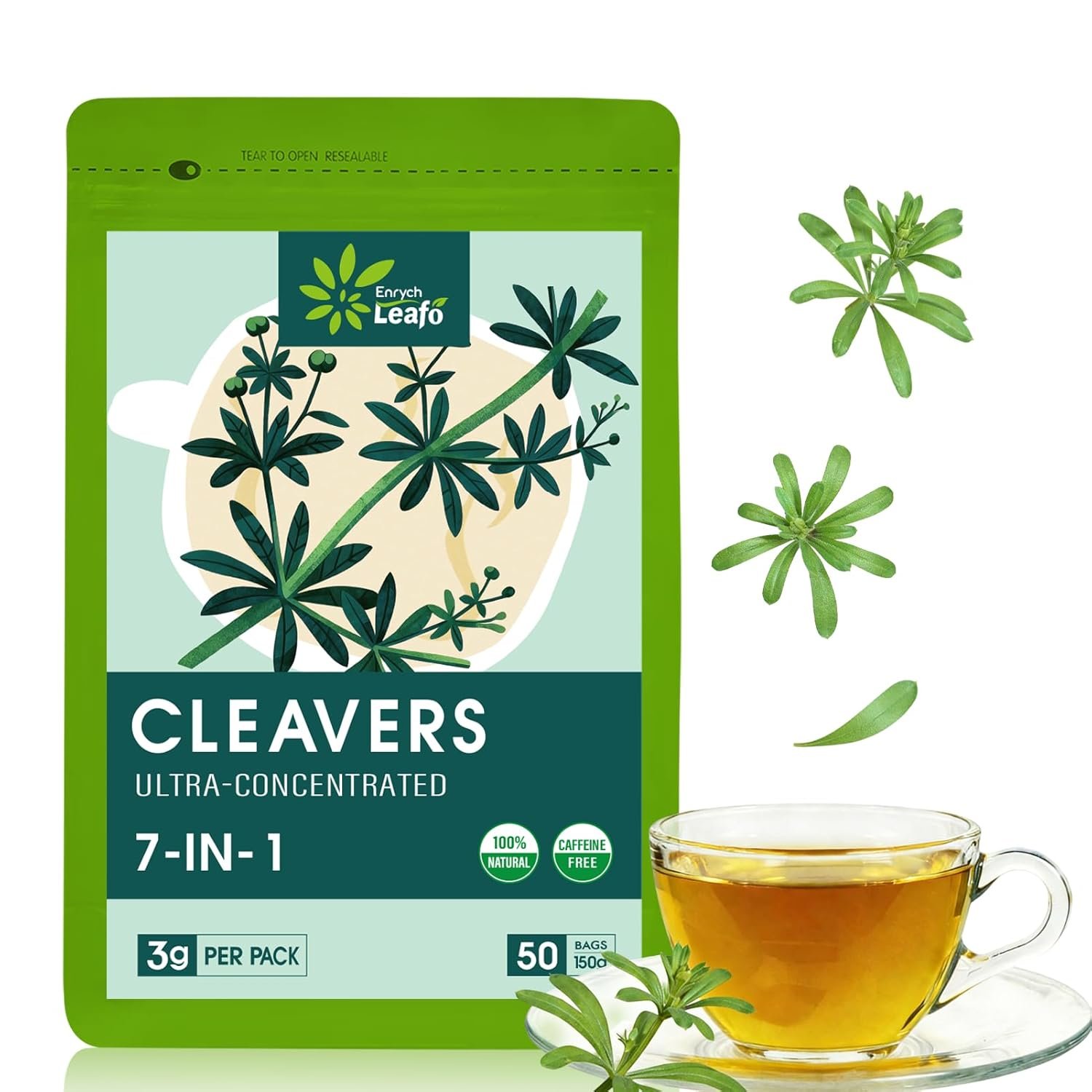 EnrychLeafo Cleavers Herb Lymphatic Drainage Tea, 7-in-1 Herbal Tea for Lymph System & Urinary Tract Support with Dandelion & Red Clover – Caffeine Free – 50 Tea Bags