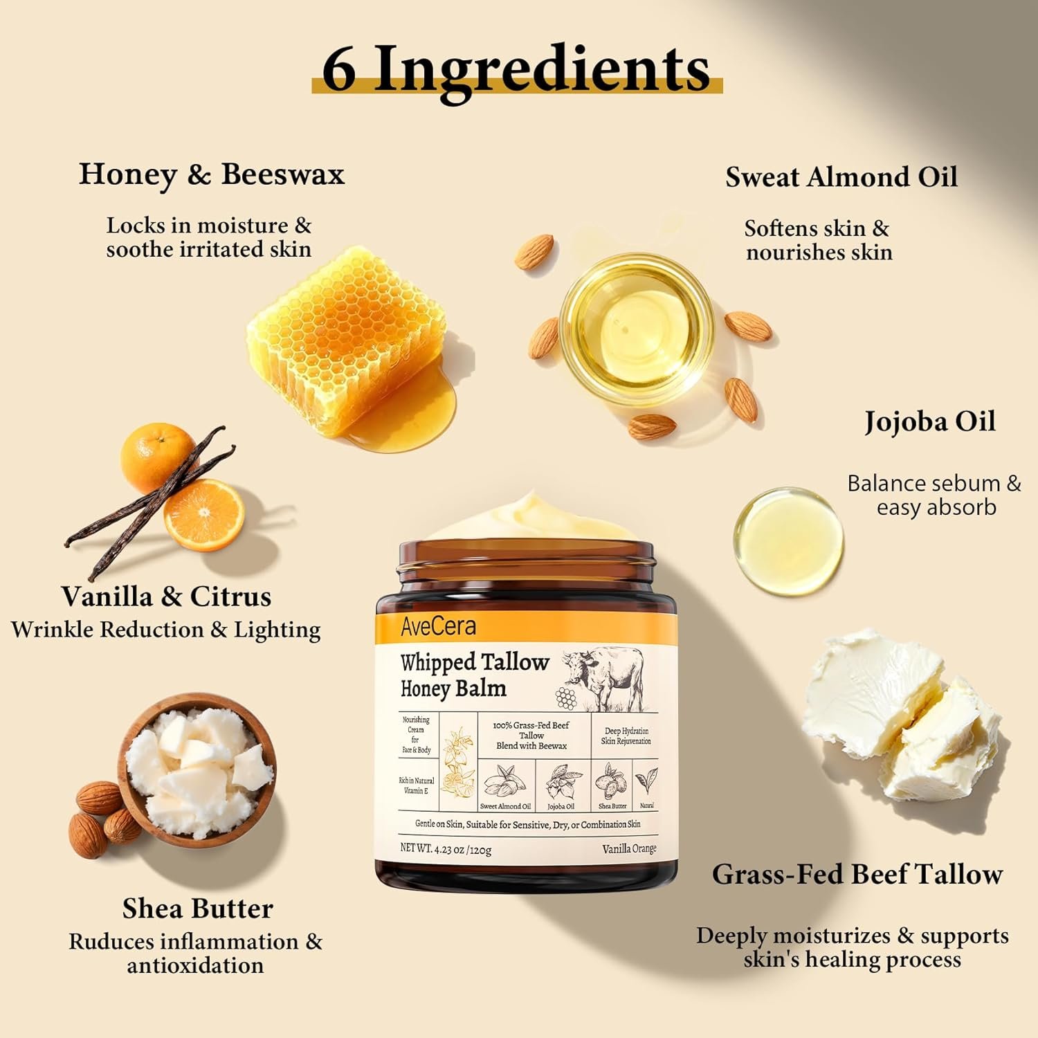 4.2Oz Beef Tallow Honey Balm for Skin, 100% Organic Grass-Fed Beef Tallow Moisturizer for Face & Body with Beeswax Jojoba Oil Shea Butter All Natural Formula Body Lotion Cream for Dry, Sensitive Skin