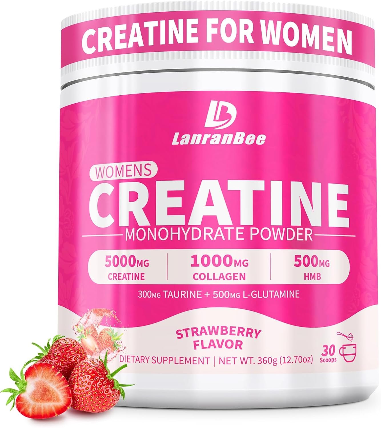 LanranBee Creatine HMB for Women 5g Micronized Creatine Monohydrate Powder with Collagen Pre Workout Supplement for Muscle Support Energy & Endurance Sugar Free,Strawberry Flavor 30 Servings
