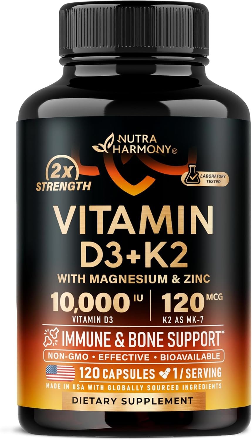 Vitamin D3 K2 – Vitamin D3 10000 iu & K2 as MK-7 120 mcg – Immune & Mood Support, for Bone & Teeth Health – with Magnesium, Zinc & Vitamin C & B12 – Highly Bioavailable – Made in USA, 120 Capsules