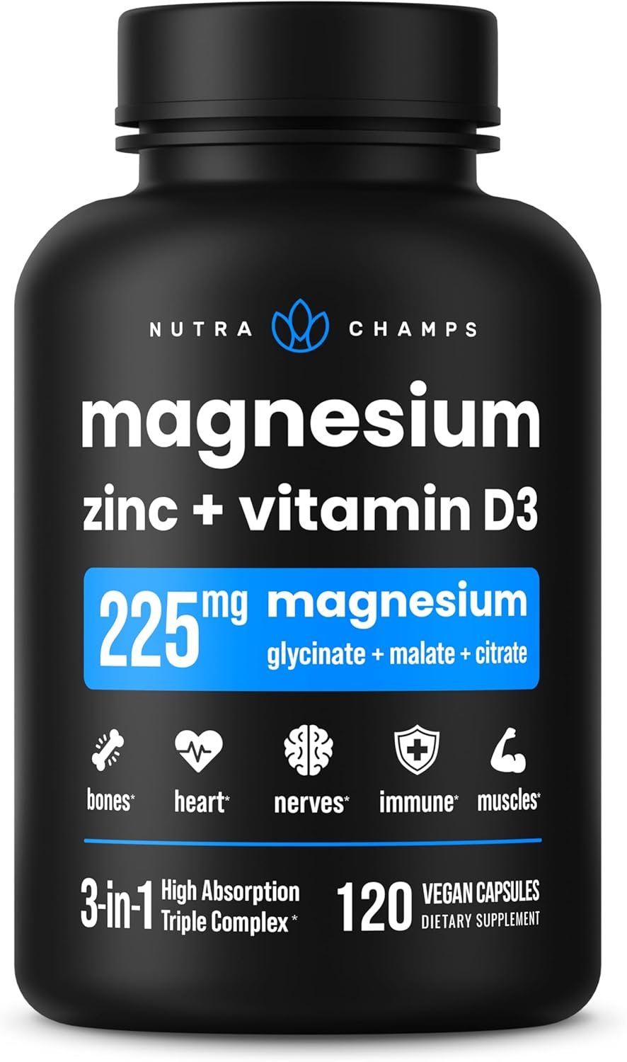 NutraChamps Magnesium Zinc & Vitamin D3 Supplement – Most Bioavailable Forms; Magnesium Glycinate, Malate, Citrate – Bone, Muscle & Heart Health, Immune Support – 120 Vegan Capsules