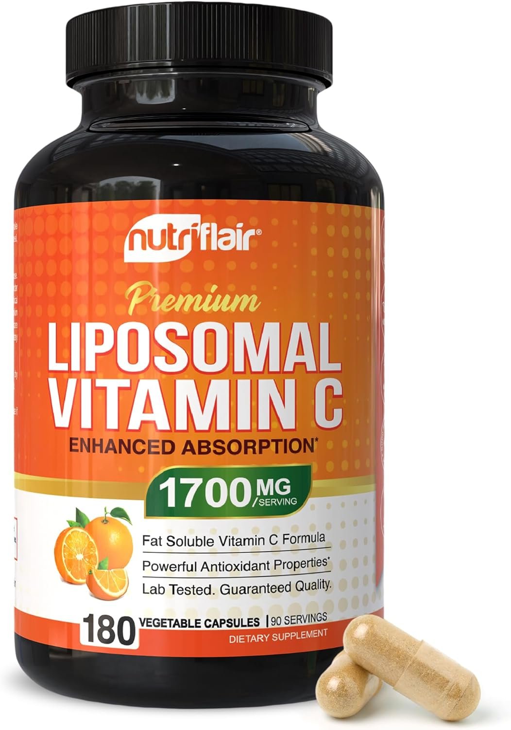 NutriFlair Liposomal Vitamin C 1700mg, 180 Capsules – High Absorption, Fat Soluble VIT C, Higher Bioavailability Immune System Support & Collagen Booster, Non-GMO, Vegan Pills