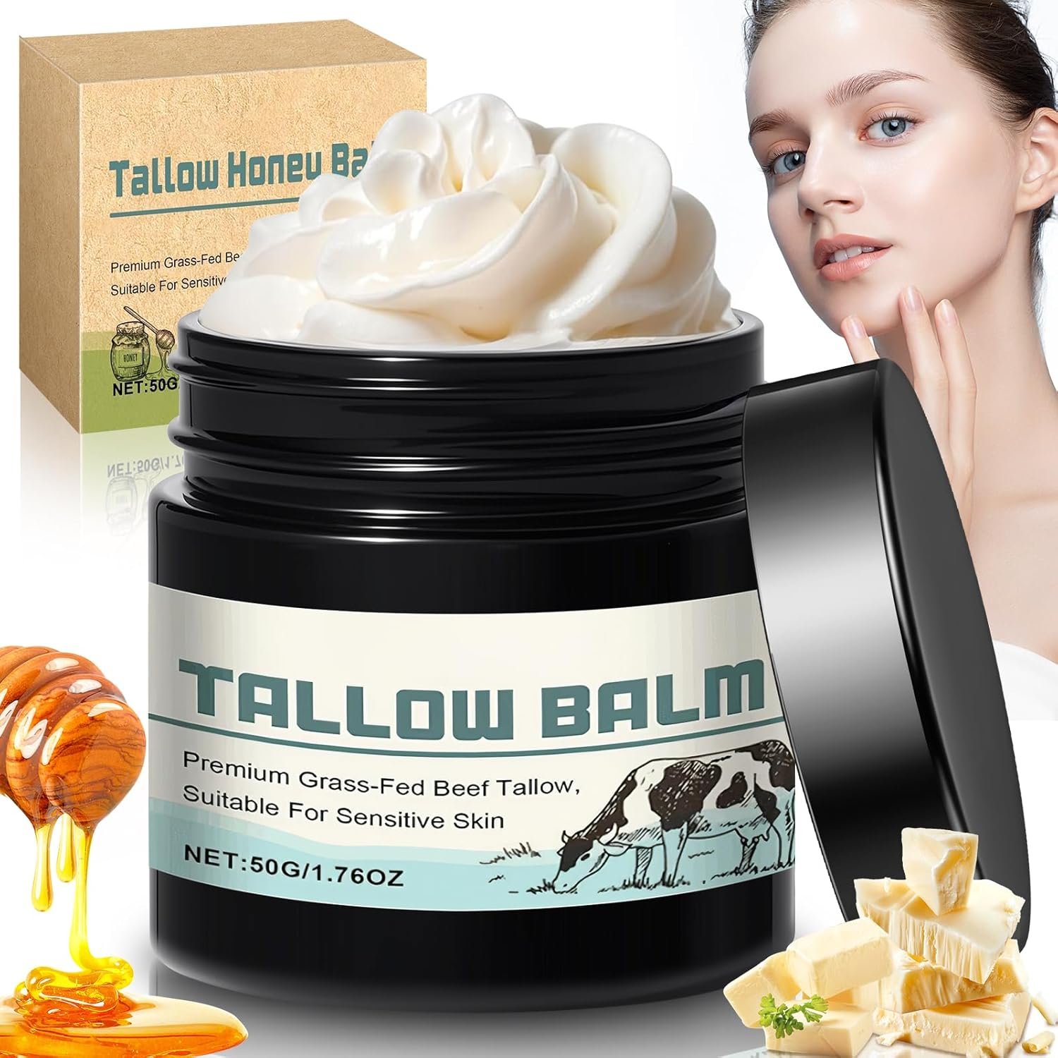Beef Tallow for Skin Grass Fed Tallow and Honey Balm Honey Balm Grass Fed Tallow Face Moisturizer for Sensitive Skin Anti-Aging & Dry Skin – Ancestral Skincare (50g)