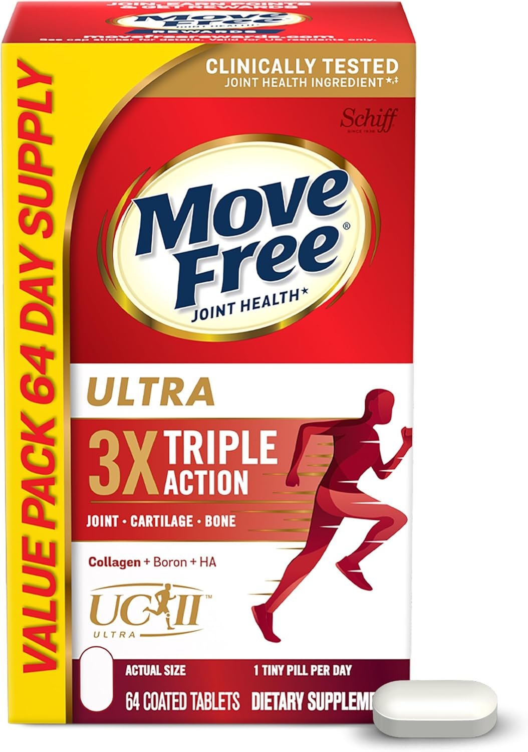 Move Free Ultra Triple Action Joint Support Supplement – Type II Collagen Boron & Hyaluronic Acid – Supports Joint Comfort, Cartiliage & Bones in 1 Tiny Pill Per Day, 64 Tablets (64 servings)