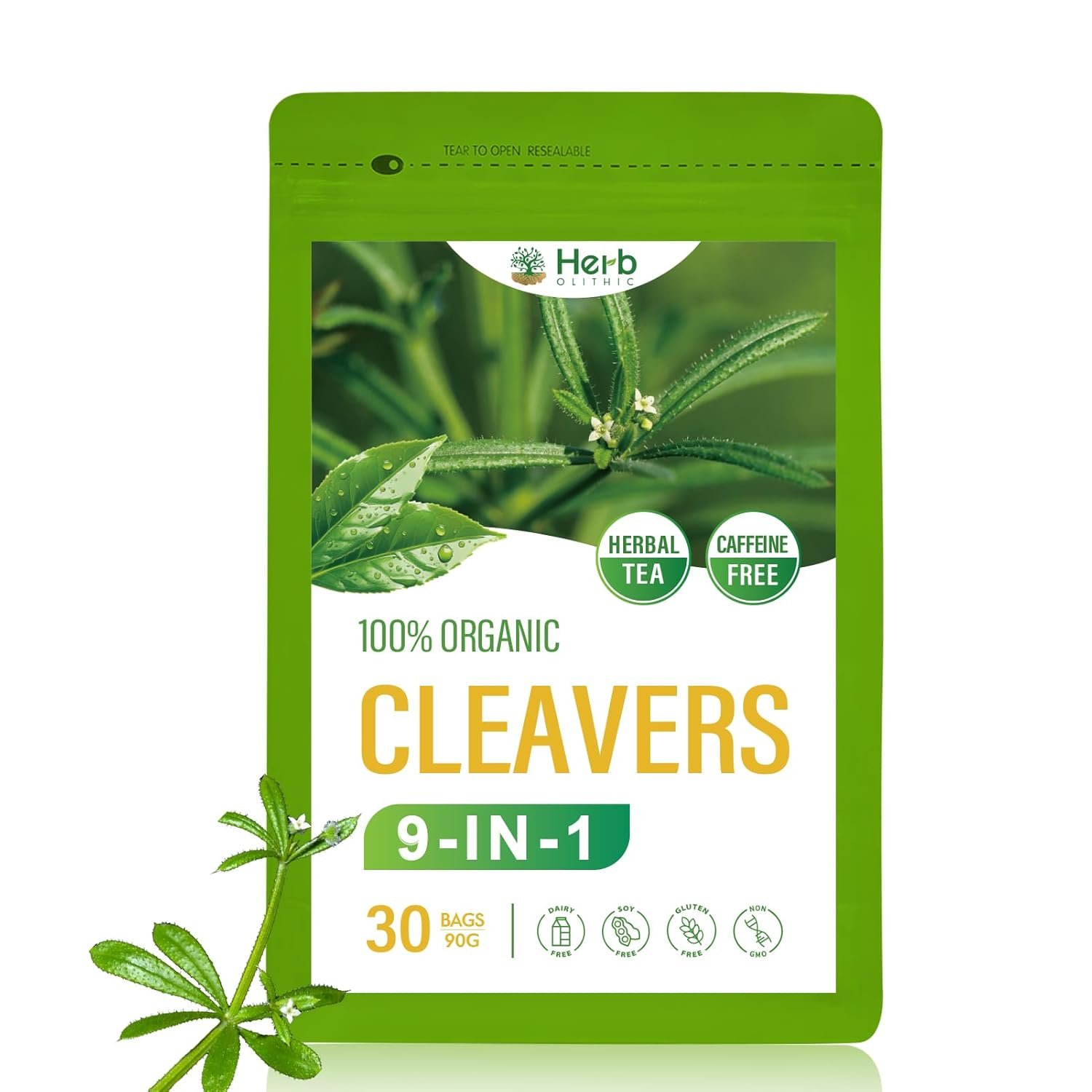 HerbOLITHIC Cleavers Herb Lymphatic Drainage Tea Bag, 9-in-1 Herbal Tea for Detox Cleanse & Immune Support with Dandelion Burdock Root Extract. Ultra-concentrated, Caffeine Free-30 Bags