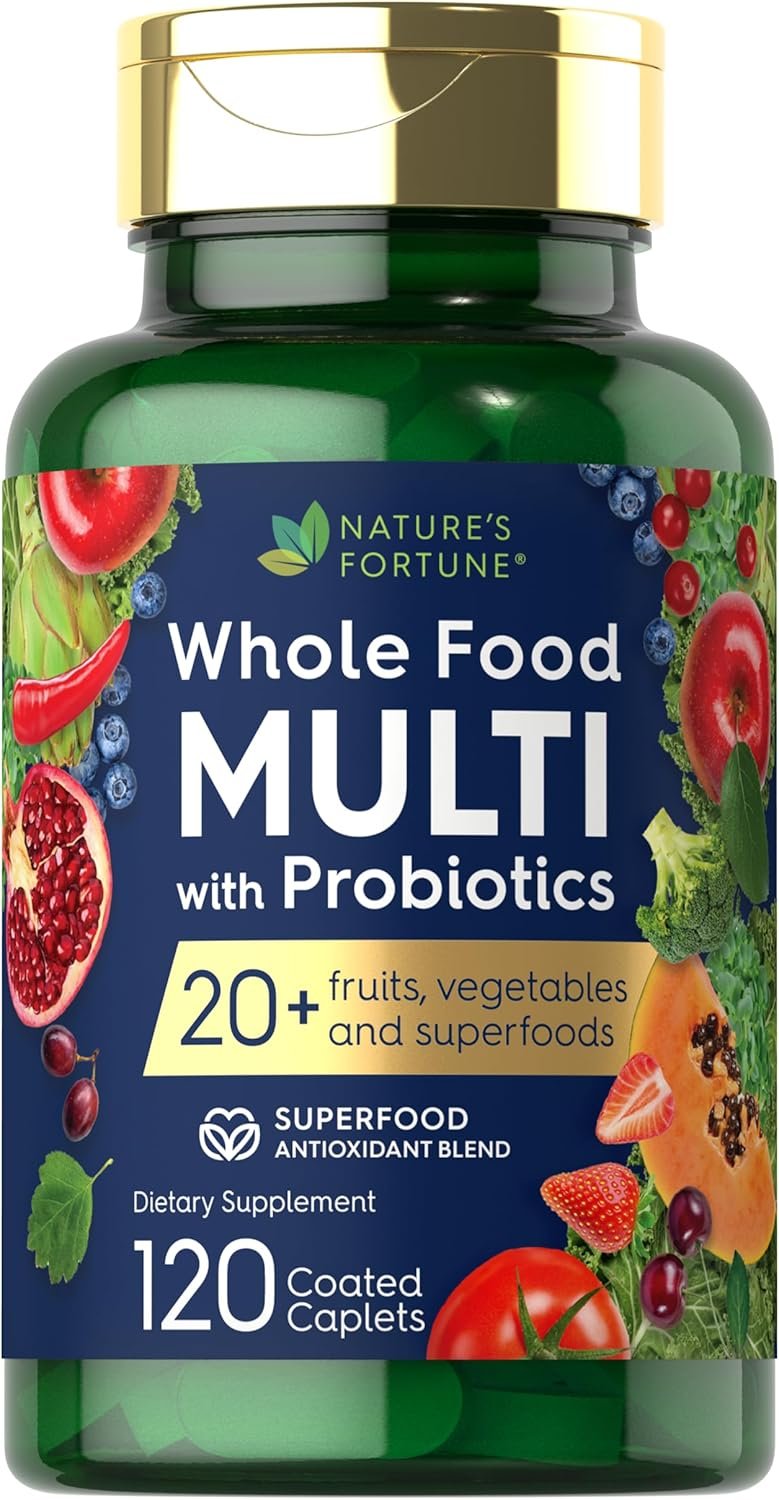 Nature’s Fortune Whole Food Multivitamin with Probiotics | 120 Coated Caplets | Made with 20 Fruits and Vegetables | Non-GMO & Gluten Free Supplement