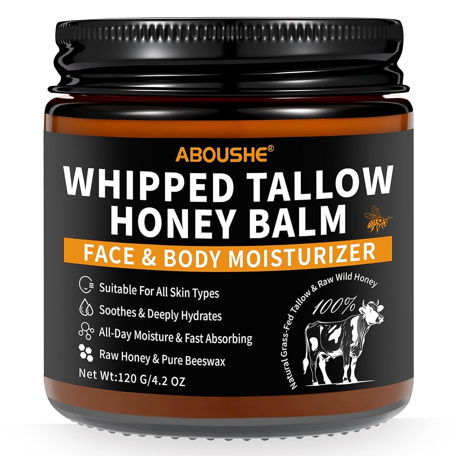 Beef Tallow for Skin – Organic Grass-Fed Whipped Beef Tallow and Honey Balm with Wild Honey & Beeswax, Beef Tallow for Face & Body Moisturizer, Natural Lotion for Sensitive and Dry Skin 4.2 oz