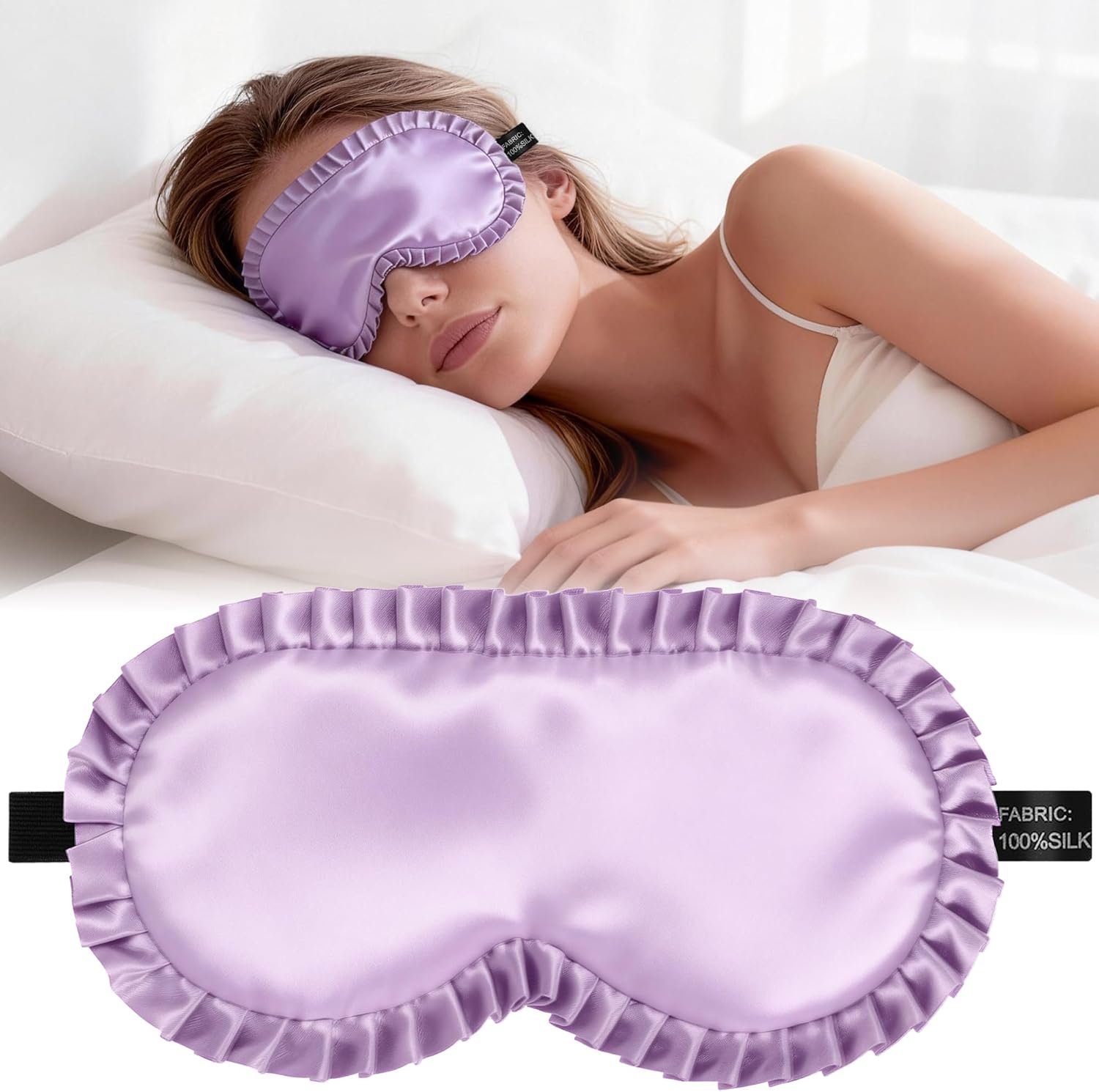 Silk Sleep Mask for Women, 100% Mulberry Silk Eye Mask, All-Silk Filled, Adjustable Elastic Strap with Elegant Wave Trim, Blackout Soft Eye Cover, Travel & Gift (Purple)