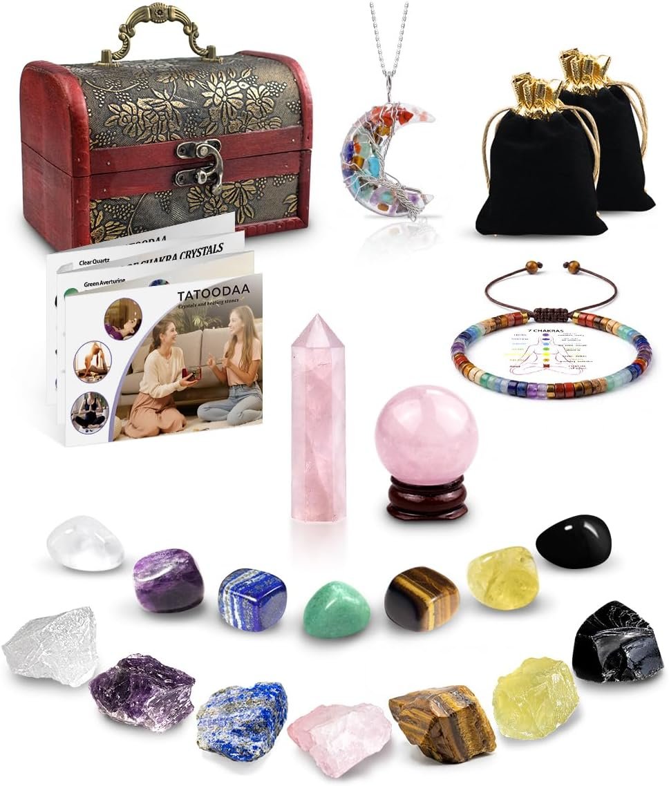 Crystals and Healing Stones Set, Chakra Healing Crystals, 7 Chakra Stones Set, Chakra Bracelets, Rose Crystal Wand and Ball, Reiki Energy Balance and Protection, Relief Anxiety Stress Gifts for Women