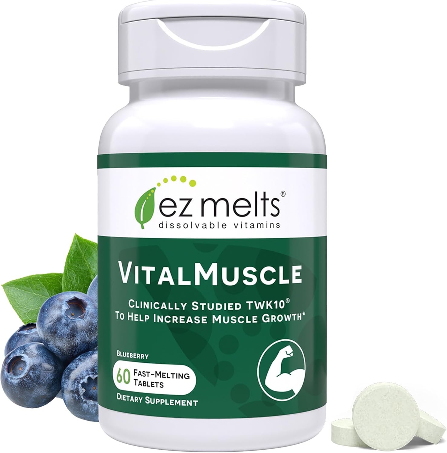 EZ Melts VitalMuscle Dissolvable Tablets – Supports Strength, Lean Growth, Recovery for Men & Women – Clinically Studied TWK10 Postbiotic – Gentle on the Stomach – Non-GMO & Vegan – 60 Tablets