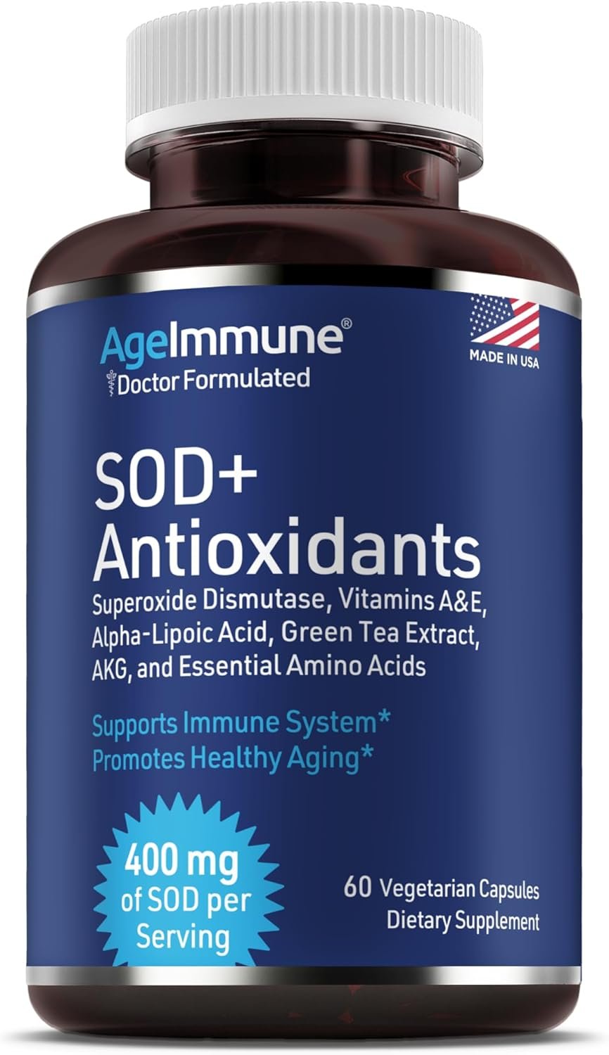 SOD Antioxidants Complex Healthy Aging Supplement – 400mg of Superoxide Dismutase – Alpha Lipoic Acid – L-Arginine -Lysine – AKG – Vitamin A – Vitamin E for Immune Support-60 Capsules