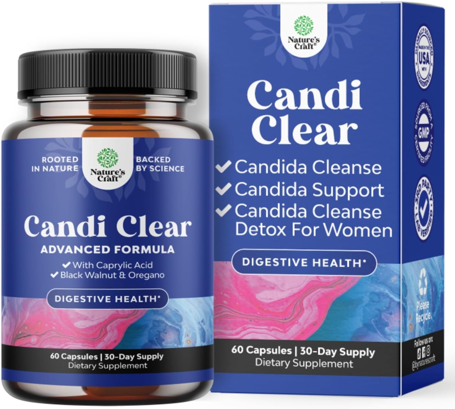 CANDI-CLEAR Body Cleanse Detox for Women – Anti Overgrowth Gut Detox for Women with Caprylic Acid Black Walnut Wormwood and Oregano – Full Body Cleanse with Pre and Probiotics – 60 Count
