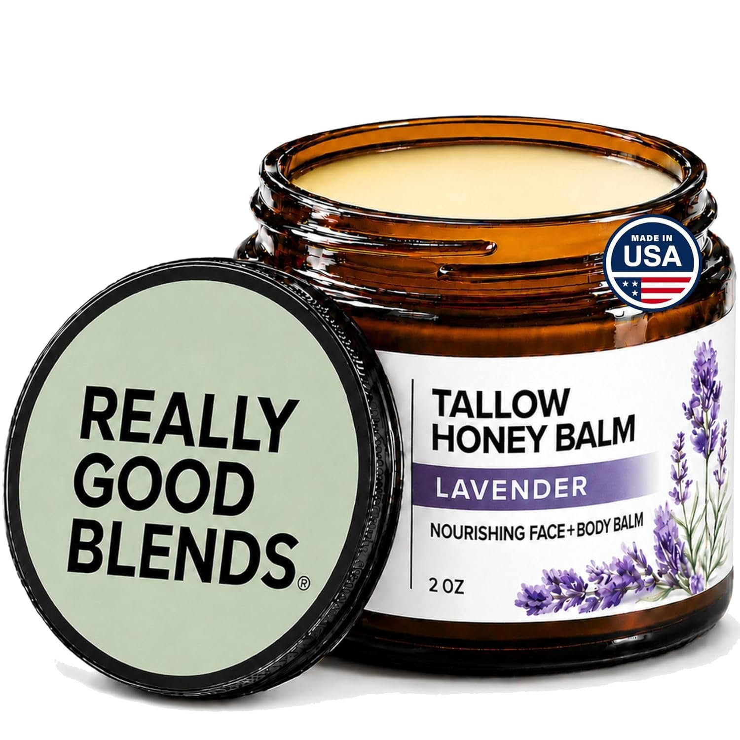 Really Good Blends – Tallow Honey Balm, Organic Body Butter, Grass-Fed Beef Tallow for Skin, Soothing All-Natural Moisturizer for Body and Face | Made in USA – 2 oz (Lavender)