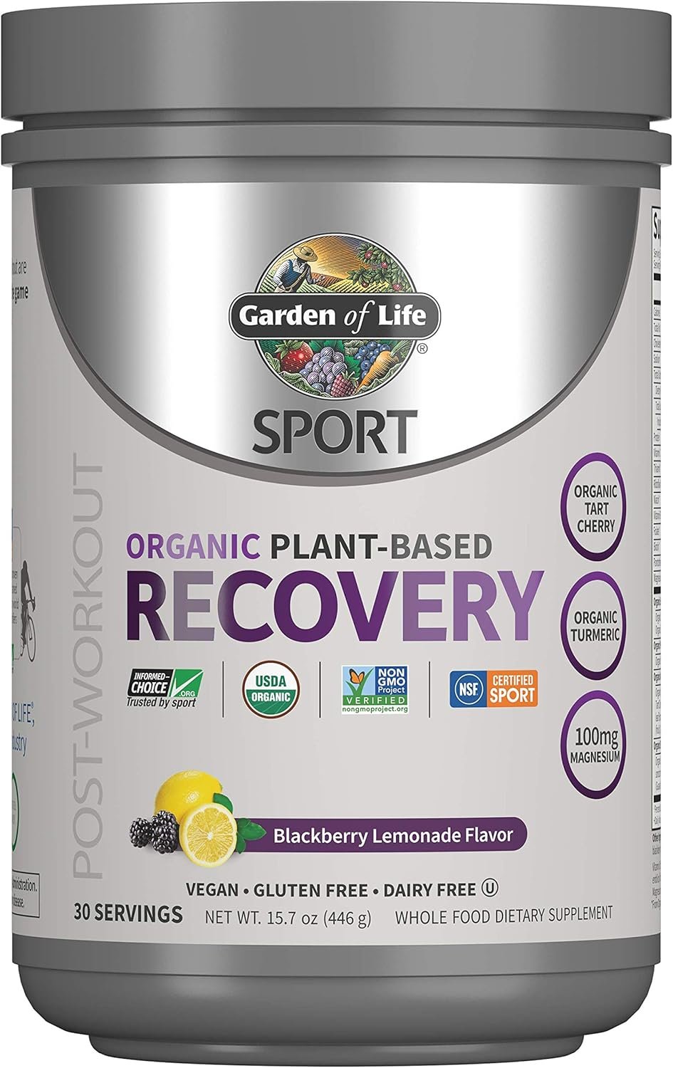 Garden of Life Sport Organic Plant-Based Recovery Powder – Muscle Recovery Supplement for Women & Men with Vitamins and Magnesium, Non-GMO, Gluten-Free, BlackBerry Lemonade Flavor, 30 Servings