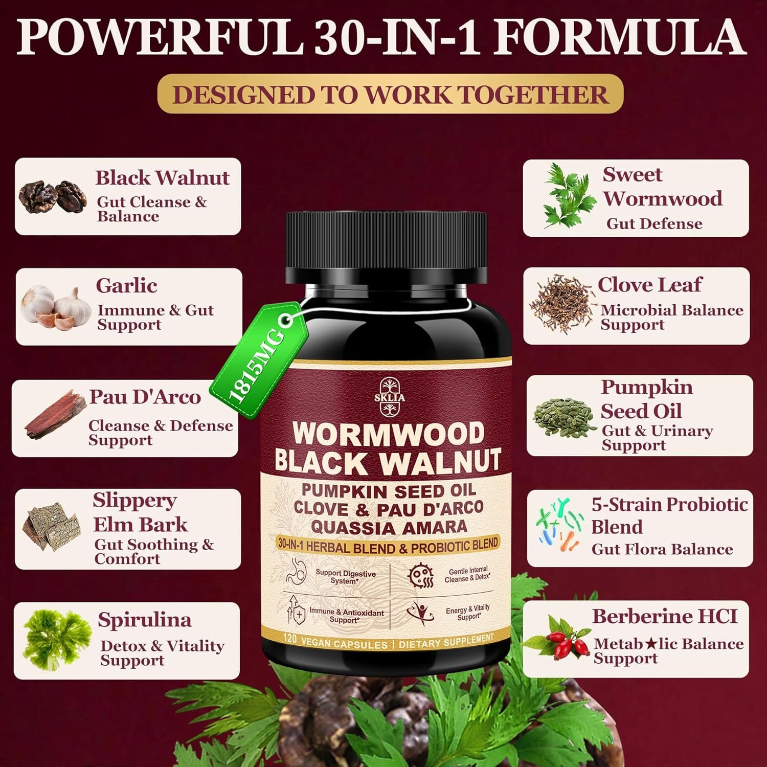 30-in-1 Liposomal Wormwood Black Walnut Clove Cleanse for Humans Capsules – Gut Cleanse & Digestive Support with Clove, Pumpkin Seed Oil, Garlic, Quassia Amara | 10X Concentrated | Vegan 1815mg 2P
