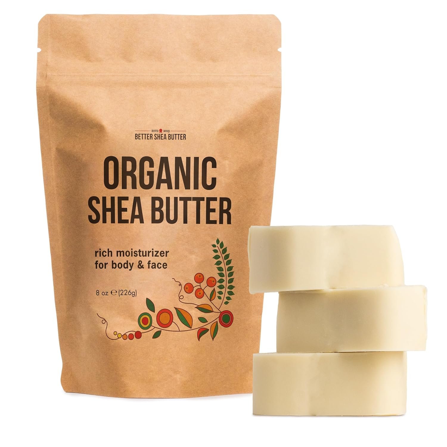 Organic Shea Butter Raw Unrefined, USDA Certified Organic African Shea Butter for Hair & Dry Skin, Natural Face Moisturizer, Body Butter Base for DIY Lotion, Lip Balm & Soap Making, 8 oz Bar