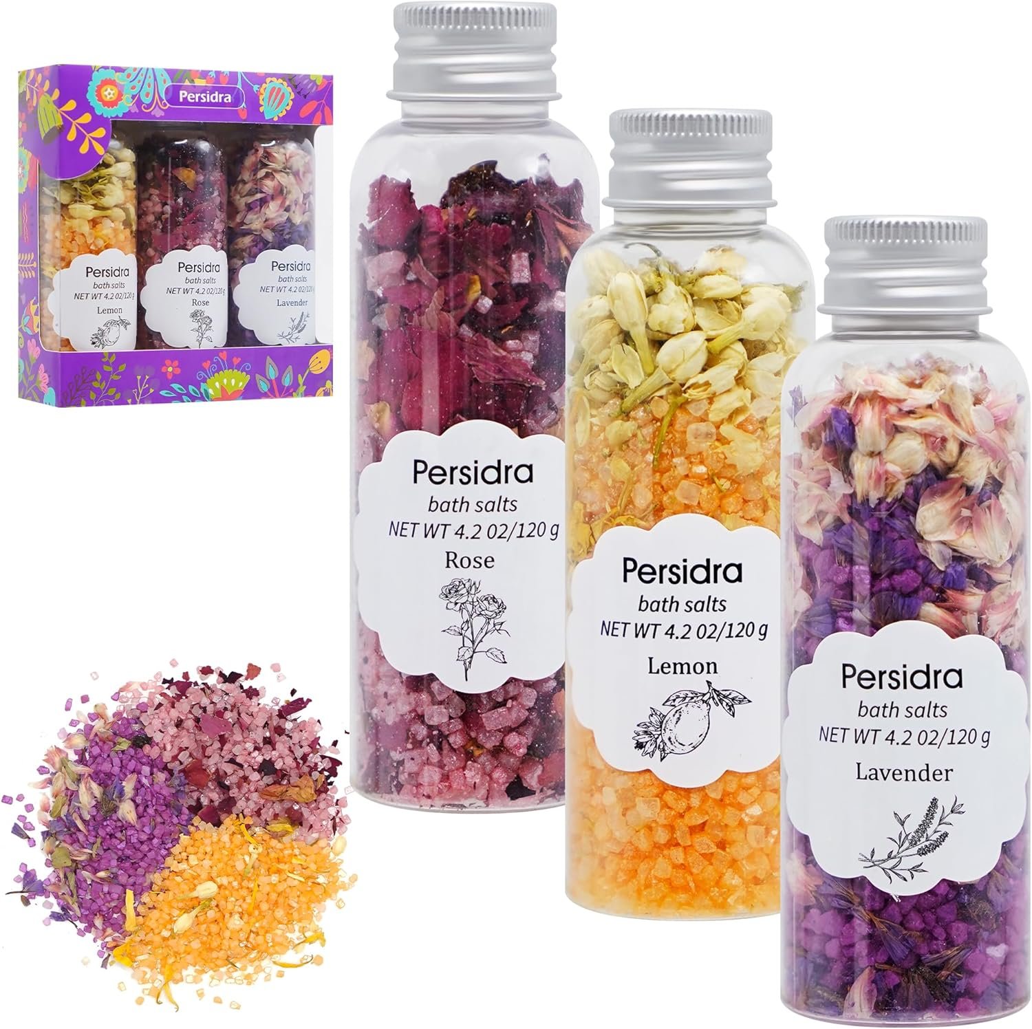 Bath Salts for Women Relaxing, Epsom Salt Bath Soak Gift Set, Mother’s Day Birthday Gifts, Spa Bath & Foot Soak, Handmade with Dried Flowers, 3 Bottles Individual Pack, Lavender, Rose & Lemon Scents