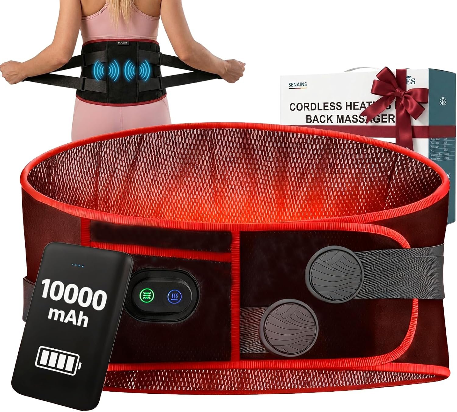 SENAINS Cordless Heating Pad with Massager for Back Pain Relief & Period Cramps, 3 Heat & 5 Vibration Modes, 30-Min Auto-Off, Rechargeable Portable Wearable Heat Pad Gift for Women Men