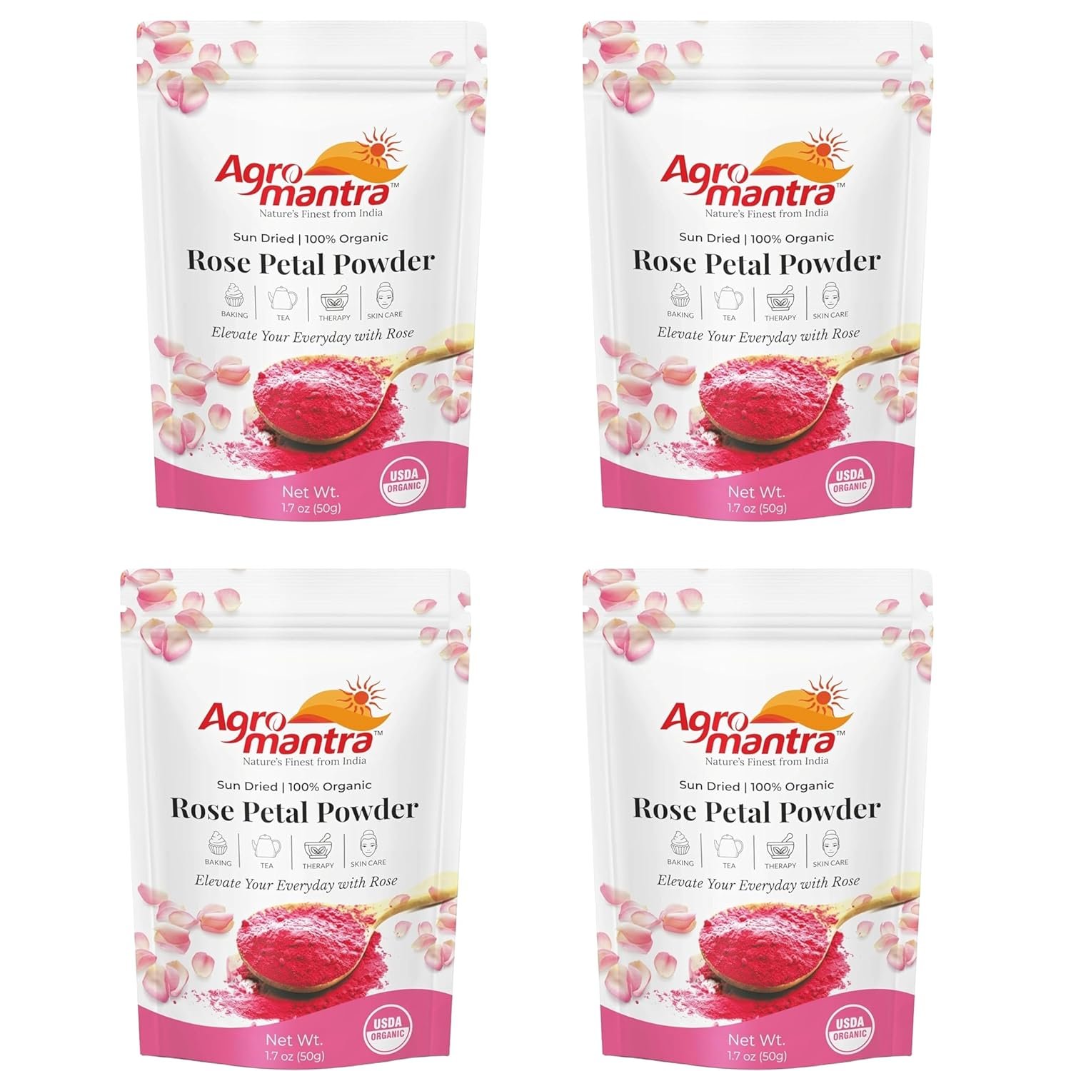 Agro Mantra USDA Organic Rose Petal Powder | Face Mask & DIY Skincare | Edible Grade | Rosa Centifolia | Tea, Smoothies & Baking (1.76 oz (Pack of 4))