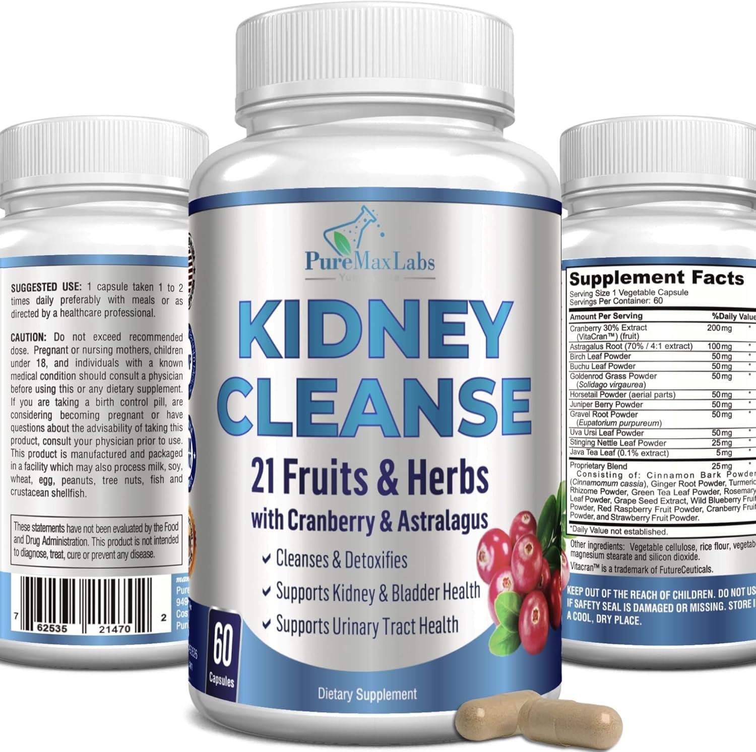 YUMMYVITE Herbal Kidney Cleanse with Cranberry Extract, Astralagus – 21 Fruits & Herbs – Detox & Cleanse Urinary Tract & Bladder Health, Kidney Support, 60 Vegan Capsules