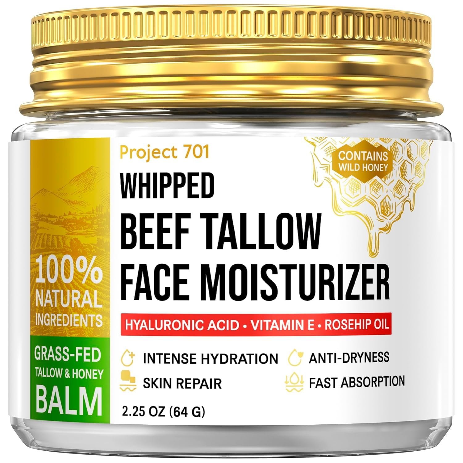Beef Tallow for Skin and Face – Grass Fed Tallow and Honey Balm, All Natural Skin Care Moisturizer with Hyaluronic Acid – Day & Night Beef Tallow Face Cream for Dry, Sensitive Skin, Glass Jar 2.25 oz