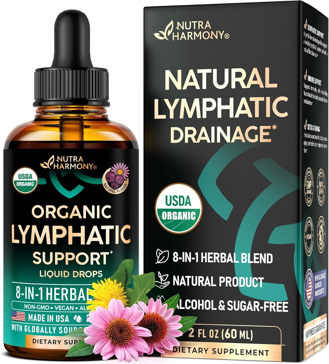 USDA Organic Lymphatic Drainage Supplement – Echinacea | Elderberry | Dandelion | Rosehip | Cleavers | Calendula | Burdock – Lab Tested – Lymph System Drops – Immune Support, Cleanse & Detox, 2 fl oz