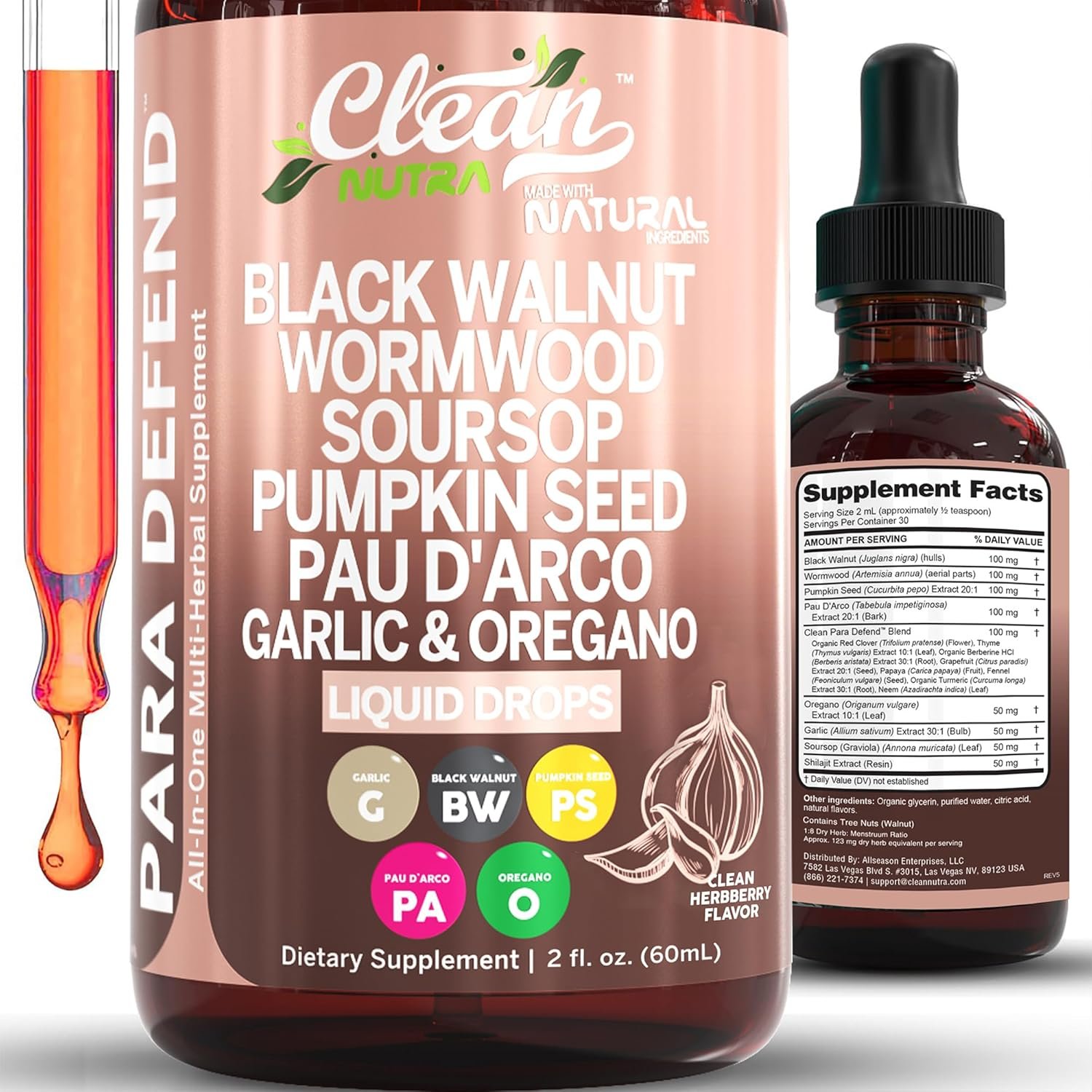 para Defend Wormwood Black Walnut Cleanse for Humans Drops Liquid Soursop Garlic Pumpkin Seed PAU D’Arco Oil of Oregano Turmeric Berberine Neem Extract Hull Bark Tincture by Clean Nutra