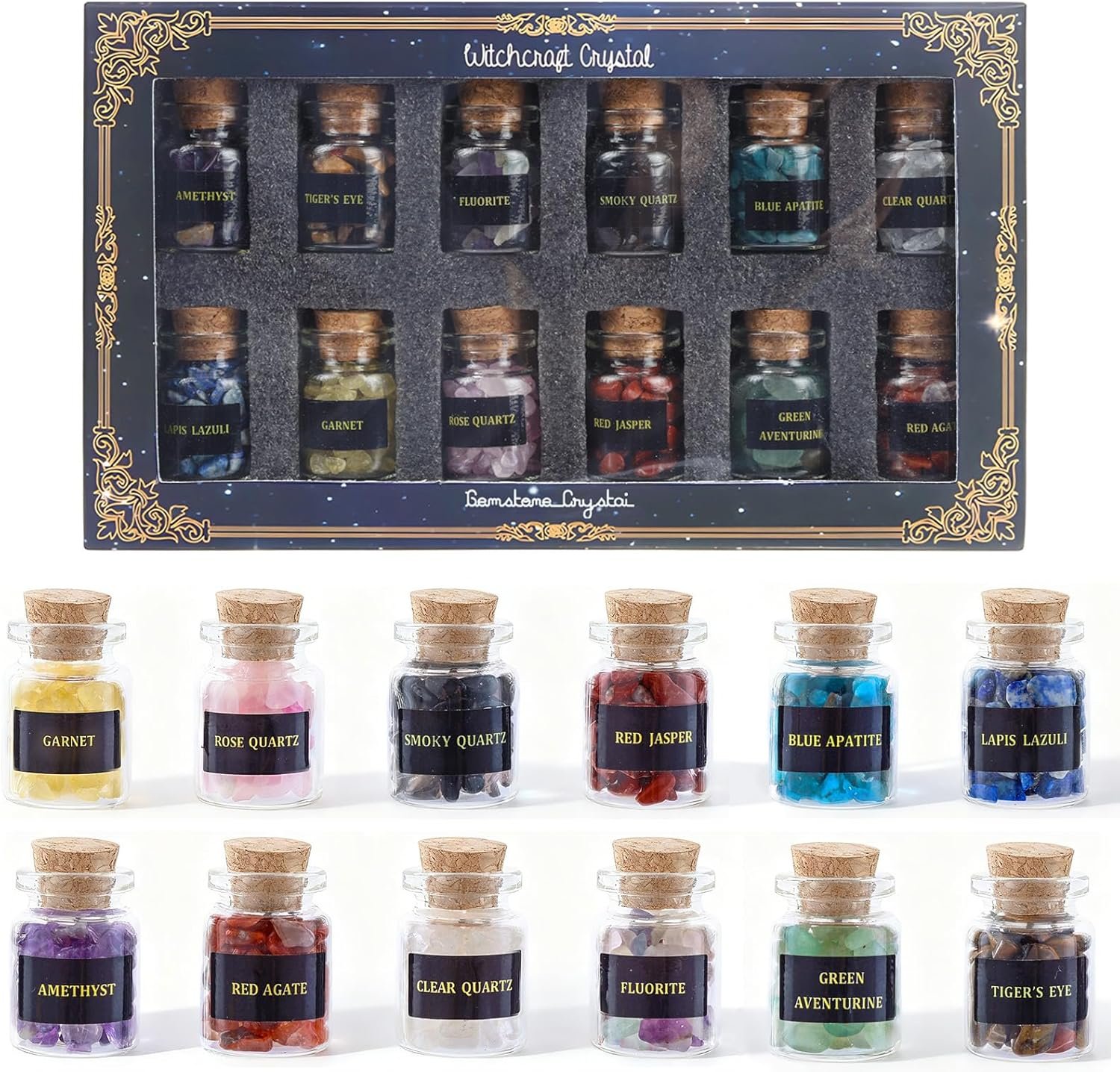 12 PCS Crystals and Healing Stones – Healing Crystal Chips in Jar Witch Stuff Witchcraft Supplies Reiki Crafts for Meditation Therapy Energy Clearing Witch Gift for Beginners