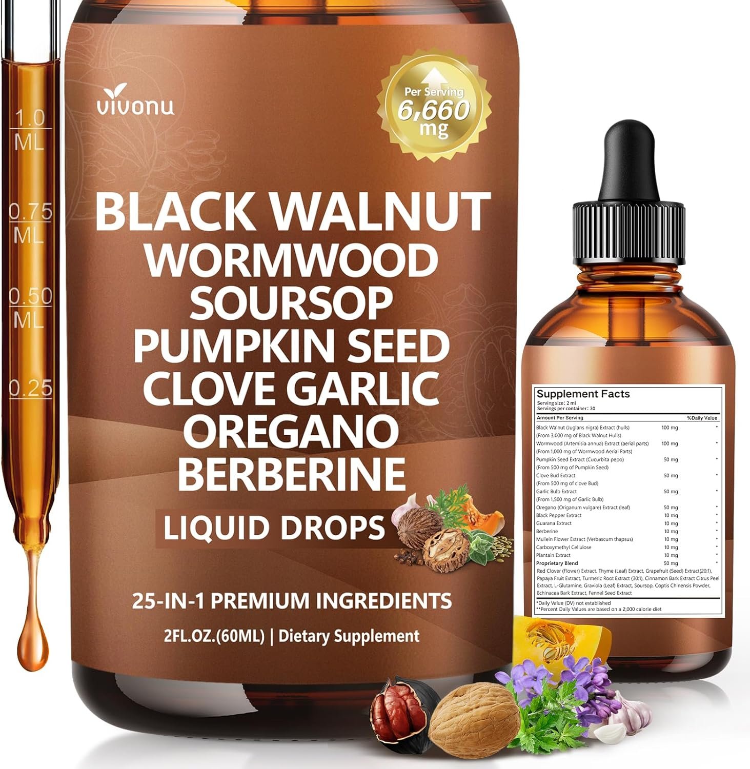 25-in-1 Liposomal Black Walnut Wormwood Clove Tincture, Cleanse for Humans Drops Liquid, Lymphatic Support with Garlic, Mullein, Soursop, Pumpkin Seed, Berberine, Turmeric, Echinacea, Cinnamon