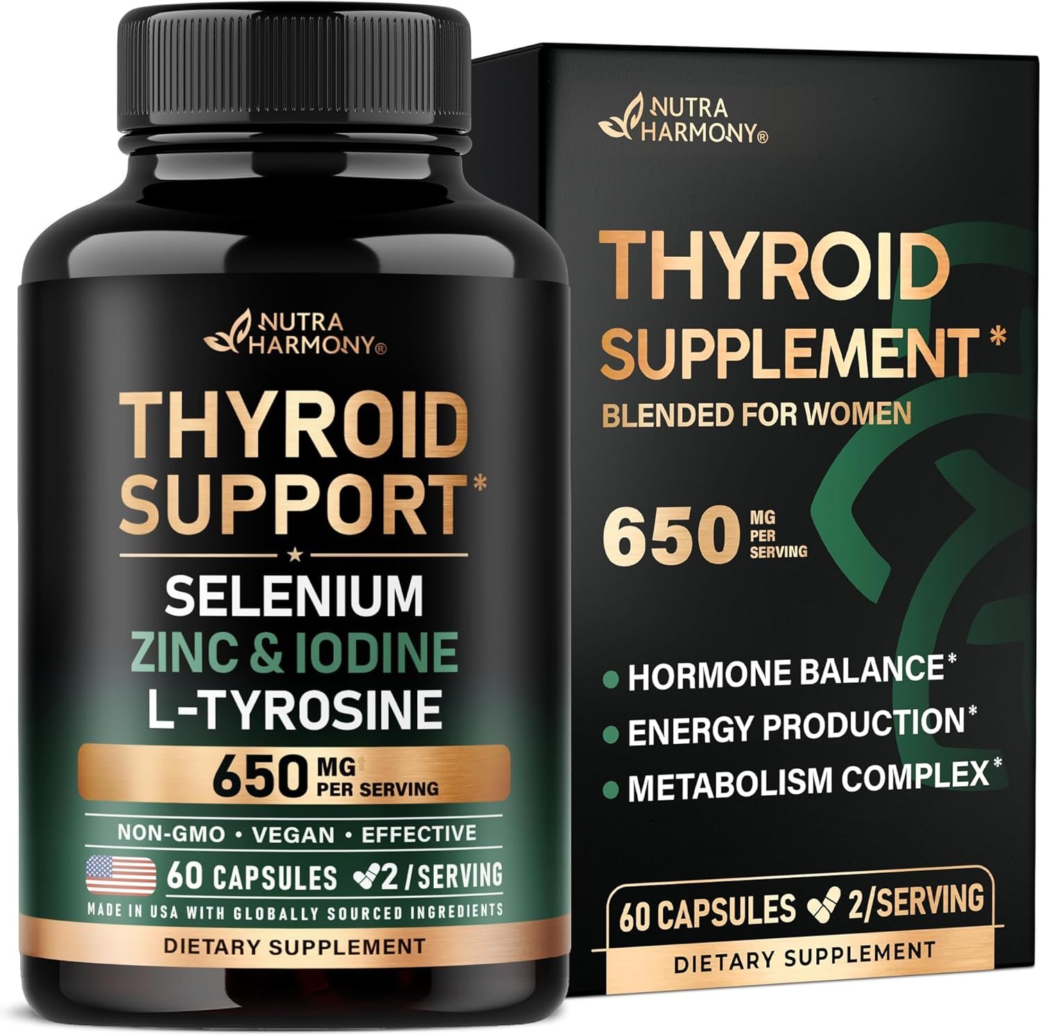 Thyroid Support for Women – Selenium 200 mcg | Astragalus | Zinc & Iodine | L-Tyrosine | Adaptogen Herbs – 21-in-1 Antioxidant & Immune Support – Made in USA – Vegan, Non-GMO, Lab Tested – 60 Capsules