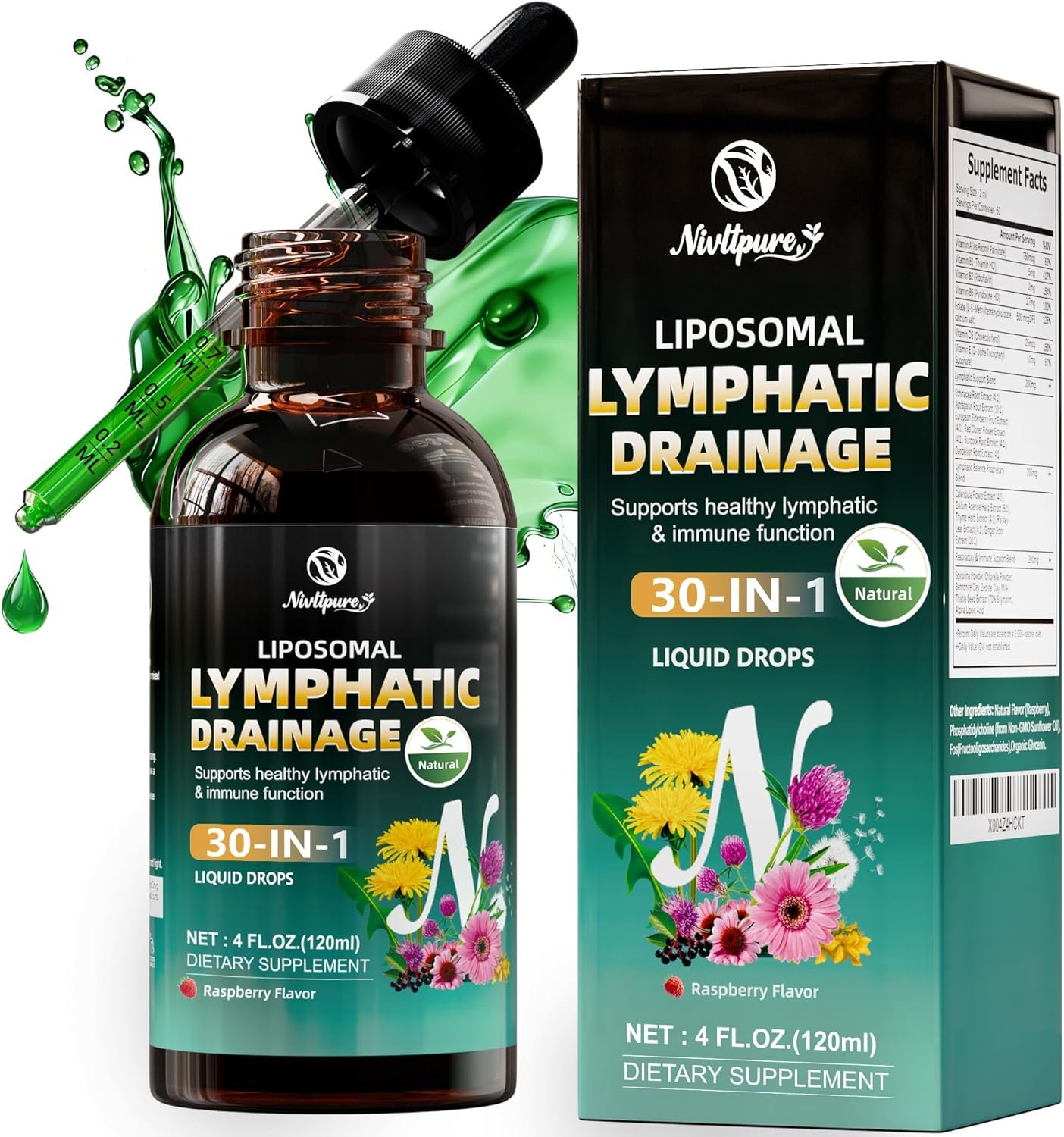 Liposomal Lymphatic Drainage Drops, 4 fl oz – 30-in-1 Lymphatic Drainage Supplements with Echinacea, Burdock Root & Milk Thistle – Supports Lymphatic System, Immune & Liver Health – Detox Support