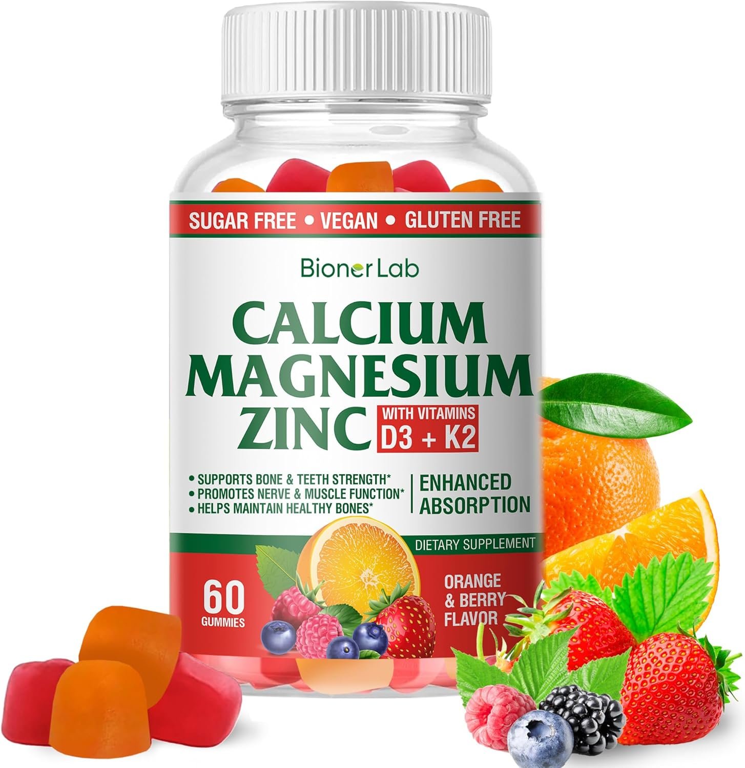 BionerLab Calcium Magnesium Zinc Gummies with Vitamin D3 & K2 – High Absorption Complex with Magnesium Glycinate Calcium Zinc Citrate for Bone Muscle & Immune Health – Sugar-Free Orange Berry Flavored