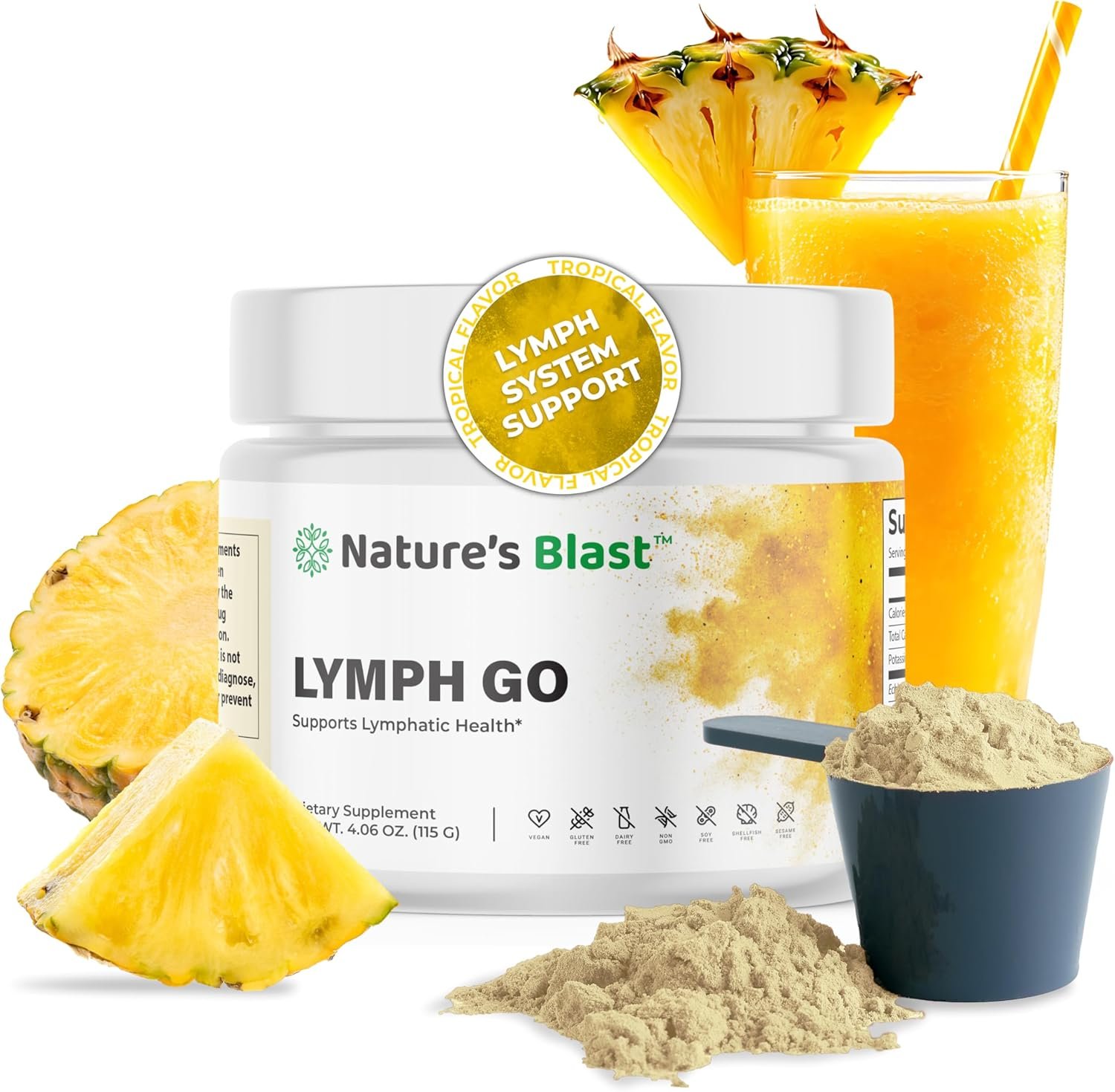 Lymph Go – Lymphatic Drainage Supplement for Women & Men – Lymph System Support – with with Bromelain, Echinacea, Burdock Root, Dandelion, Rutin, Kelp & More – 4.06 Oz – 30 Servings – Tropical Flavor