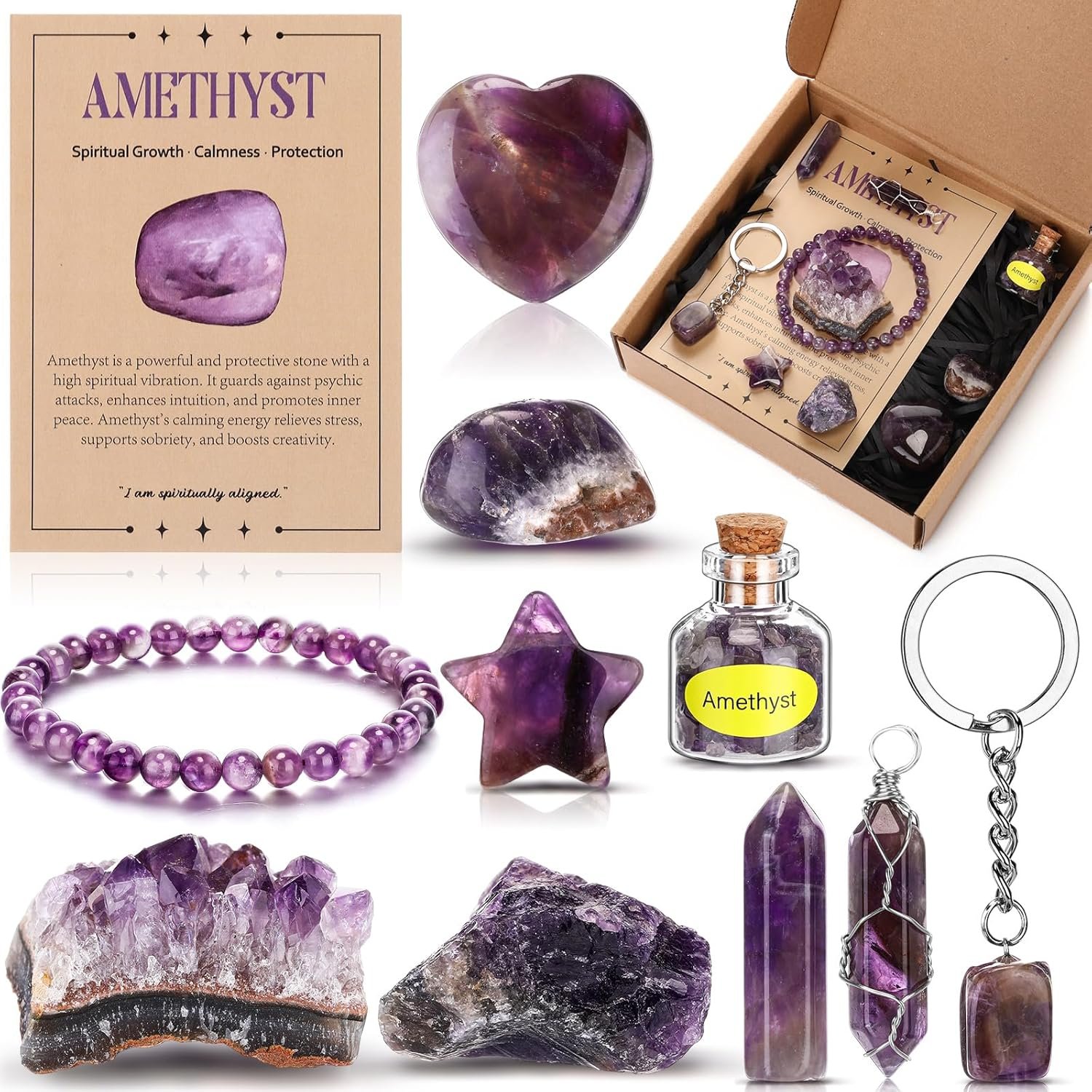 Liliaafar 11 Pcs Healing Crystals Set Chakra Quartz Kits Amethyst Chakra Stones Gemstone Bottle Crystal Wand Bracelet Pendant Card Box for Beginners Meditation Yoga Christmas Gifts