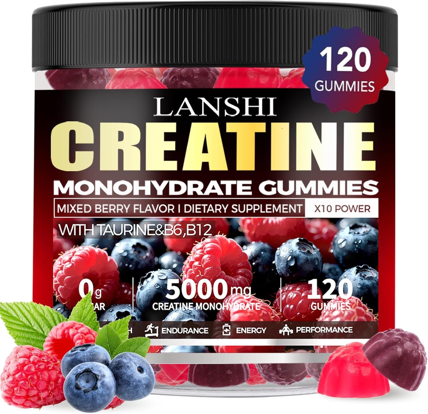 Creatine Monohydrate Gummies 5000mg – Sugar Free Pre Workout Supplement for Men & Women, Creatine Gummies for Muscle, Strength, Recovery, Cognitive Health & Memory, Mixed Berry Flavor, 120 Count