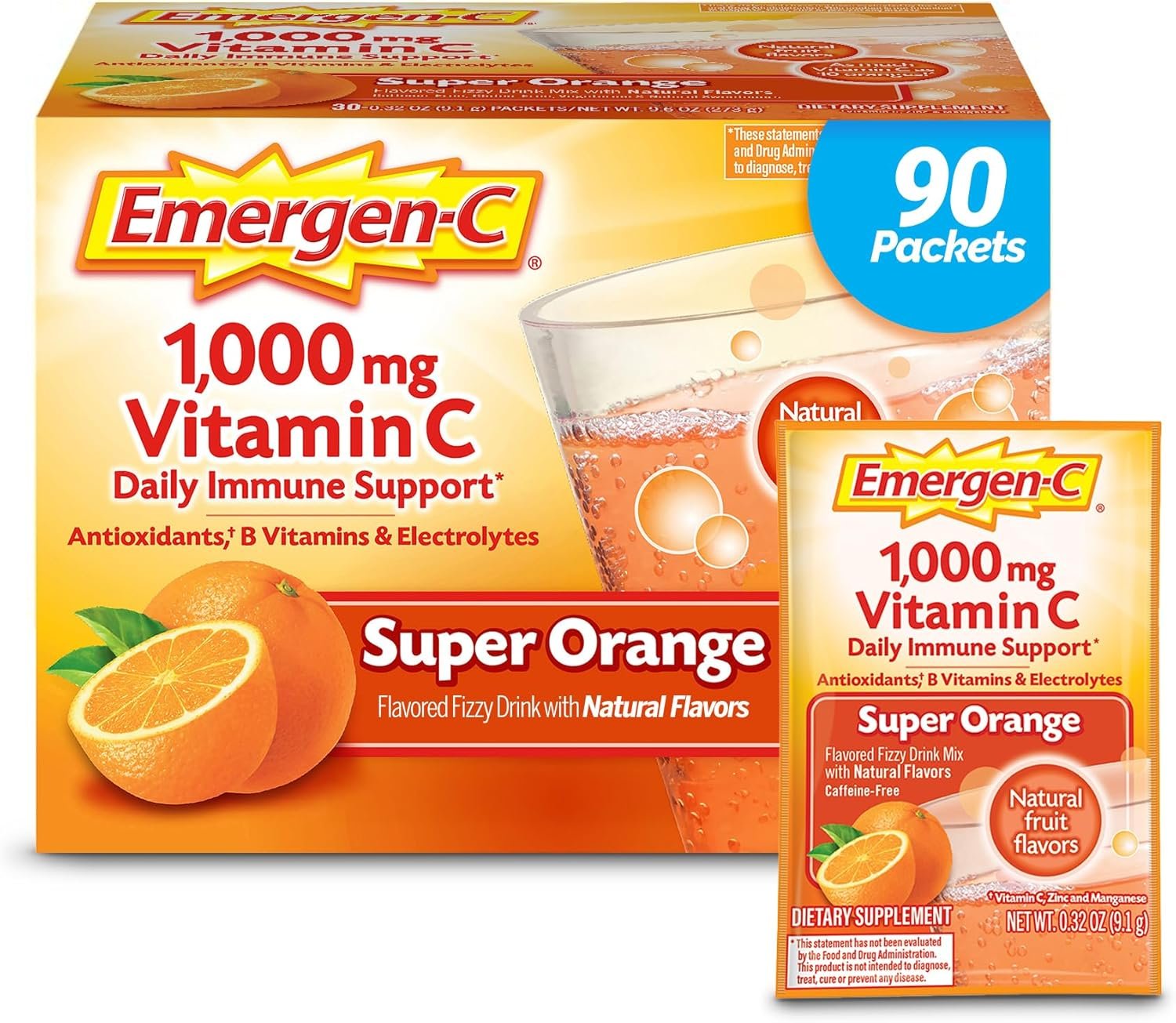 Emergen-C 1000mg Vitamin C Powder for Daily Immune Support Caffeine Free Vitamin C Supplements with Zinc and Manganese, B Vitamins and Electrolytes, Super Orange Flavor – 90 Count/3 Month Supply