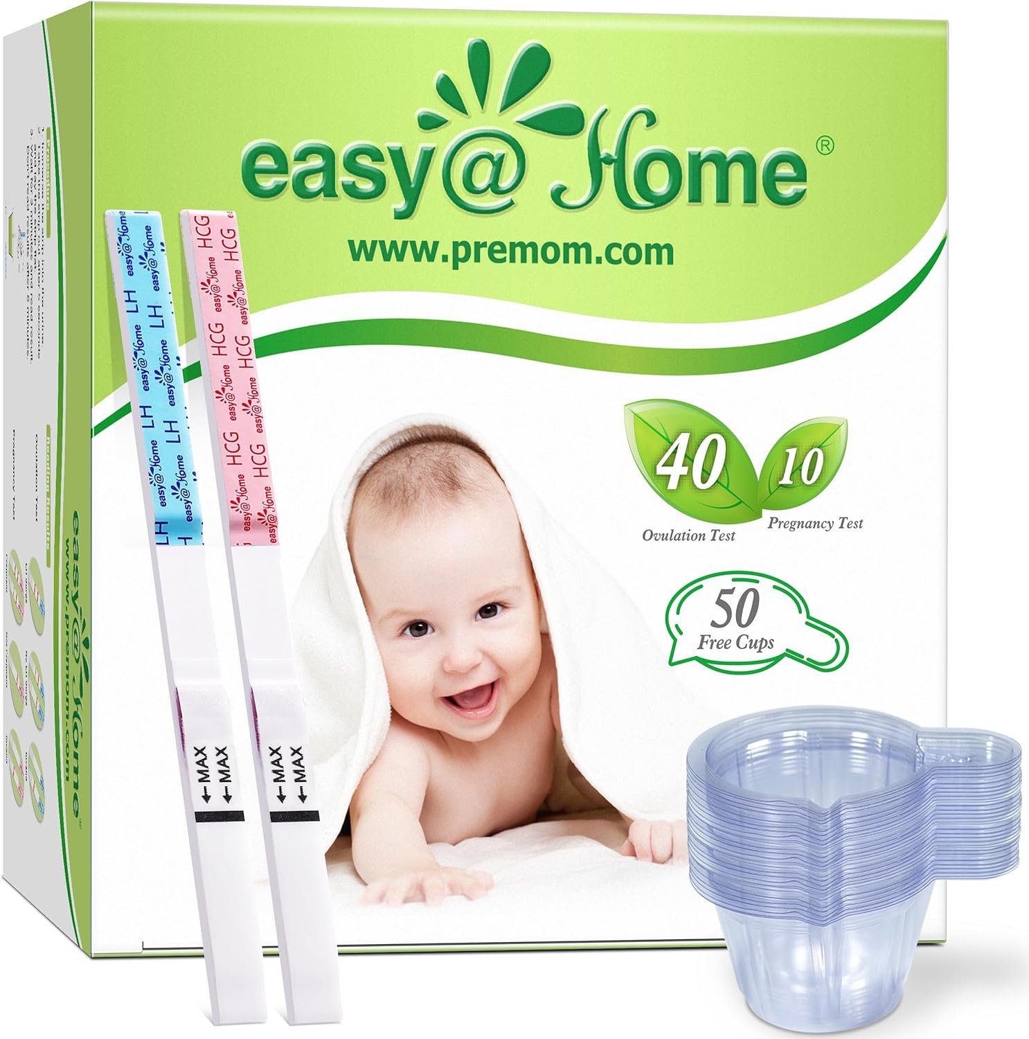 Easy@Home Ovulation & Pregnancy Test Strips Kit: 40 Ovulation Strips and 10 Pregnancy Tests– Accurate Fertility Tracker OPK – Powered by Premom APP | 40LH + 10HCG + 50 Urine Cups