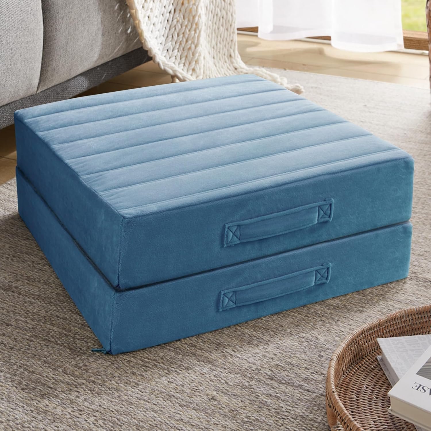 Codi High Density Foam Floor Pillow 2 Sets, Large Meditation Cushions Seating for Adults and Yoga Sitting, Washable Thick Couch Cushion with Soft Tufted Covers – 22 inch Blue