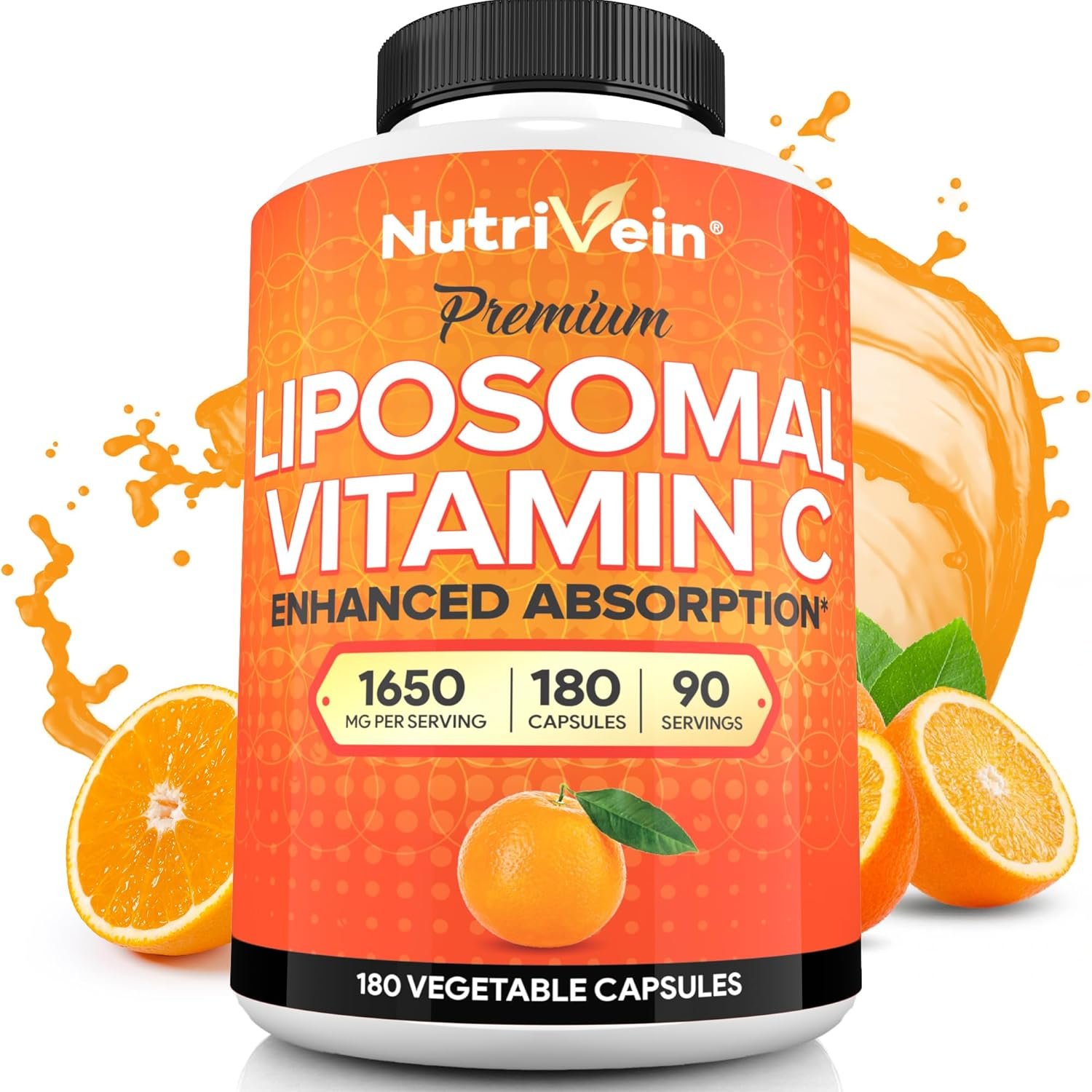 Nutrivein Premium Liposomal Vitamin C Supplement 1650mg – 180 Caps: High-Absorption High Dose Vitamin C Capsules for Whole-Body Defenses & Overall Well-Being