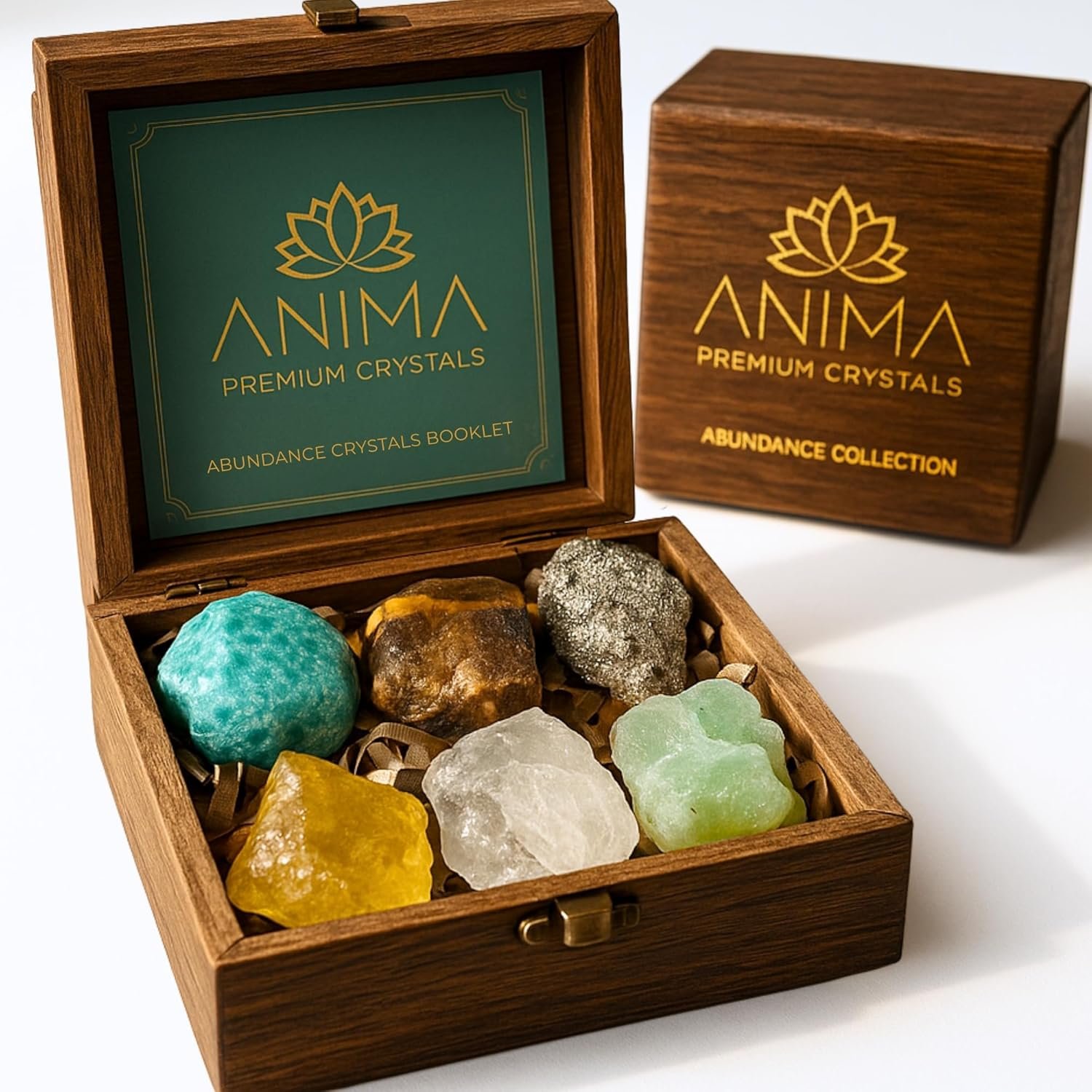Anima Premium Abundance Healing Crystals Set for Success & Good Luck – Large Raw Citrine, Pyrite, Tigers Eye, Green Aventurine, Amazonite & Clear Quartz – Wooden Gift Box and Guide Booklet Included