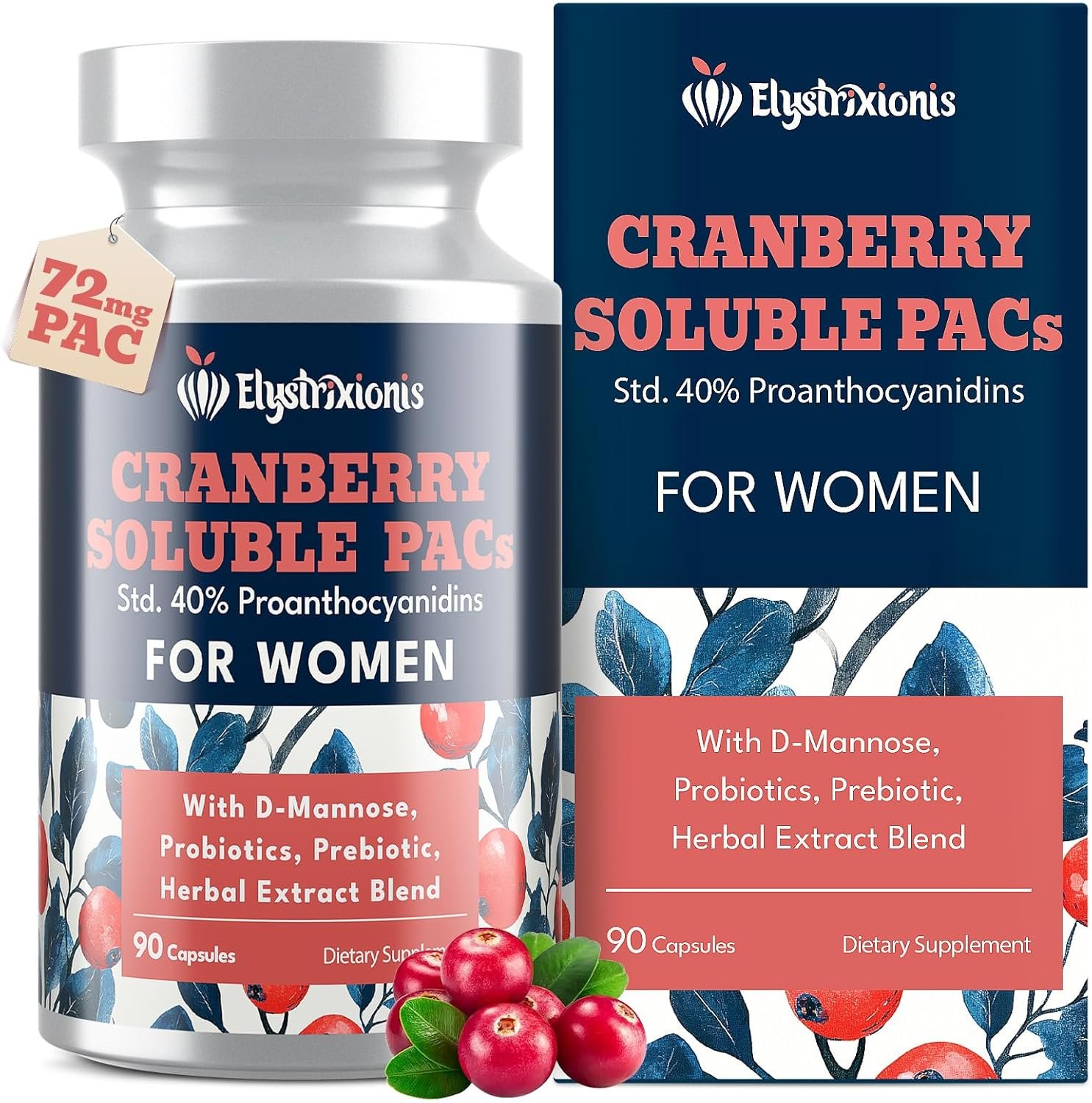 72mg PAC, Cranberry Pills for Women – Organic Cranberry Juice Extract Plus 1000mg D-Mannose, Supports Urinary Tract Health, Cranberry Supplement – 90 Capsules