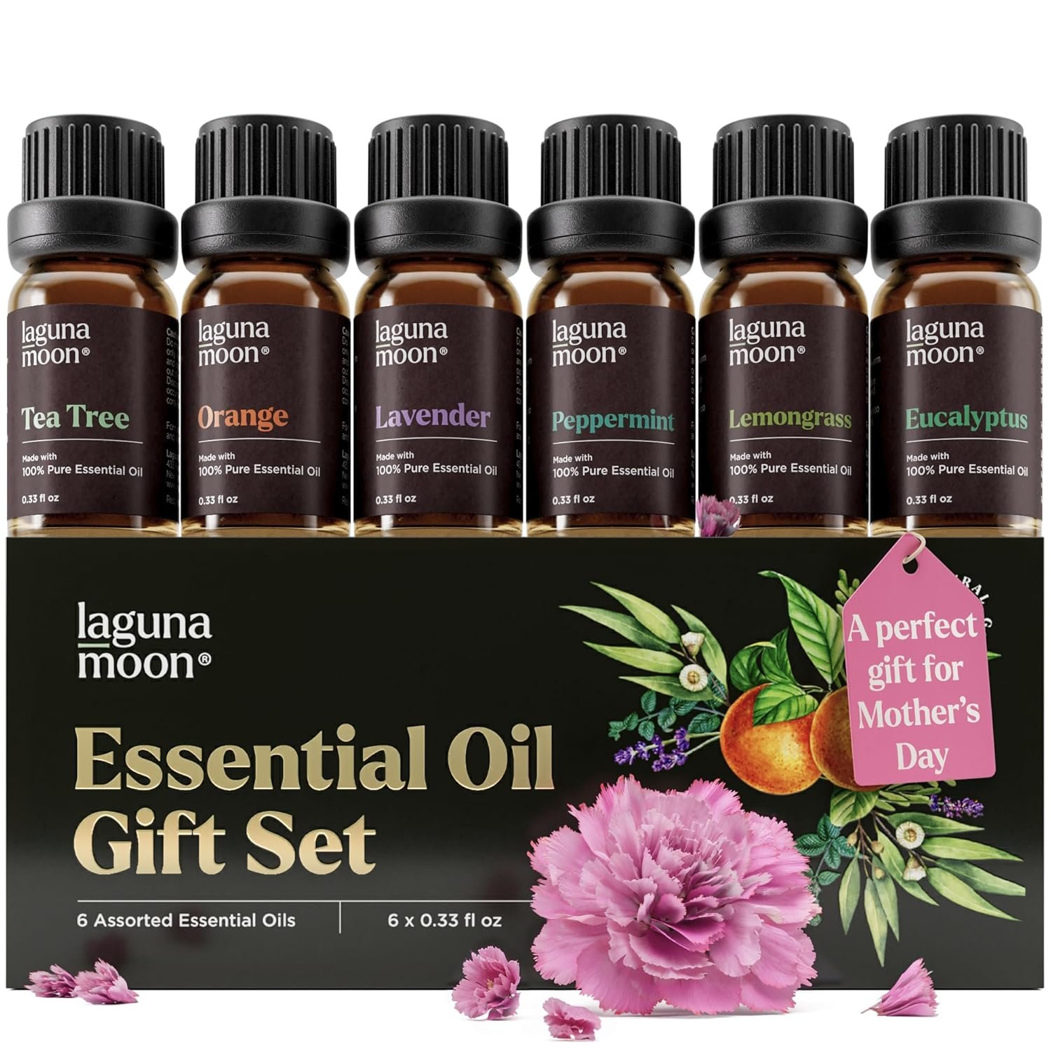 Lagunamoon Essential Oils Aromatherapy Set – 6 Oils for Diffusers, Home Care, Candle Making Scents, Fragrance, Humidifiers, Gifts – Peppermint, Tea Tree, Lavender, Eucalyptus, Orange (10mL)