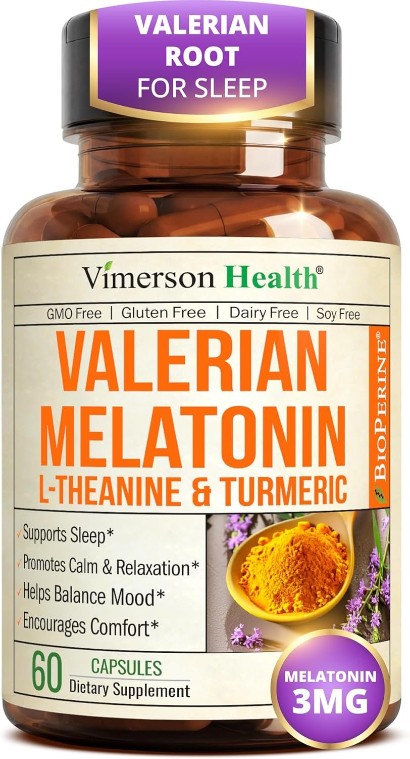 Valerian Root for Sleep – Melatonin 3mg Sleep Aid with L-Theanine – Organic Turmeric Curcumin Supplement with Ginger & Black Pepper for Daily Calm and Stress Relief Support – 60 Capsules