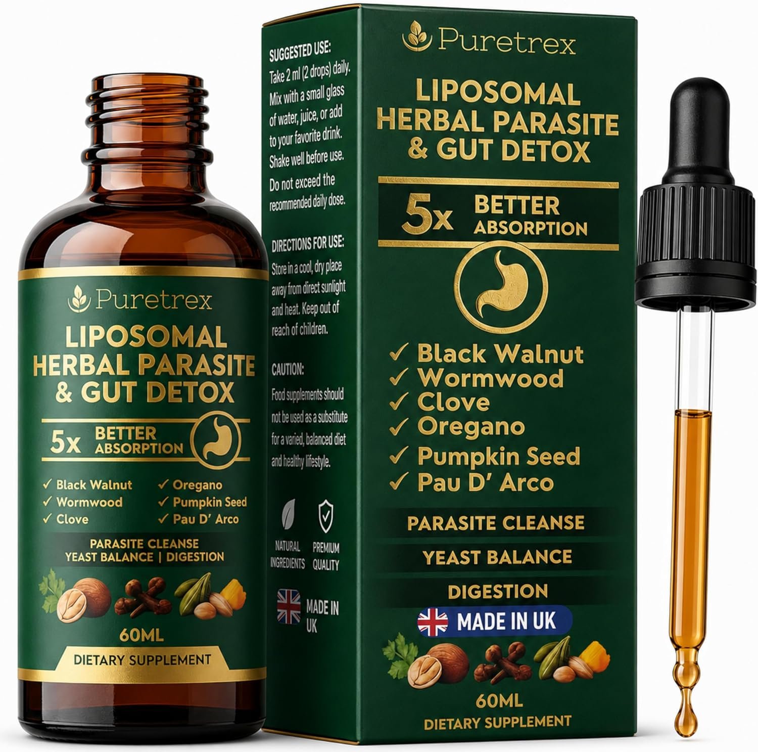 Herbal Gut Detox & Cleanse Drops 2 fl oz, Liposomal Dewormer for Humans with Wormwood, Black Walnut, Clove, Pumpkin Seed, PAU D’Arco, Candida & Yeast Balance Formula, 5X Better Absorbtion
