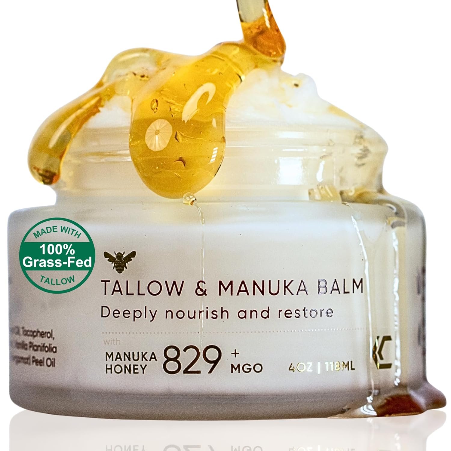 100% Grass-Fed Suet Beef Tallow and Manuka Honey Balm Natural Moisturizer Cream Vitamin E Oil for Face & Body Eczema Relief for Dry Skin Pure Tallow Face Moisturizer for Sensitive Skin