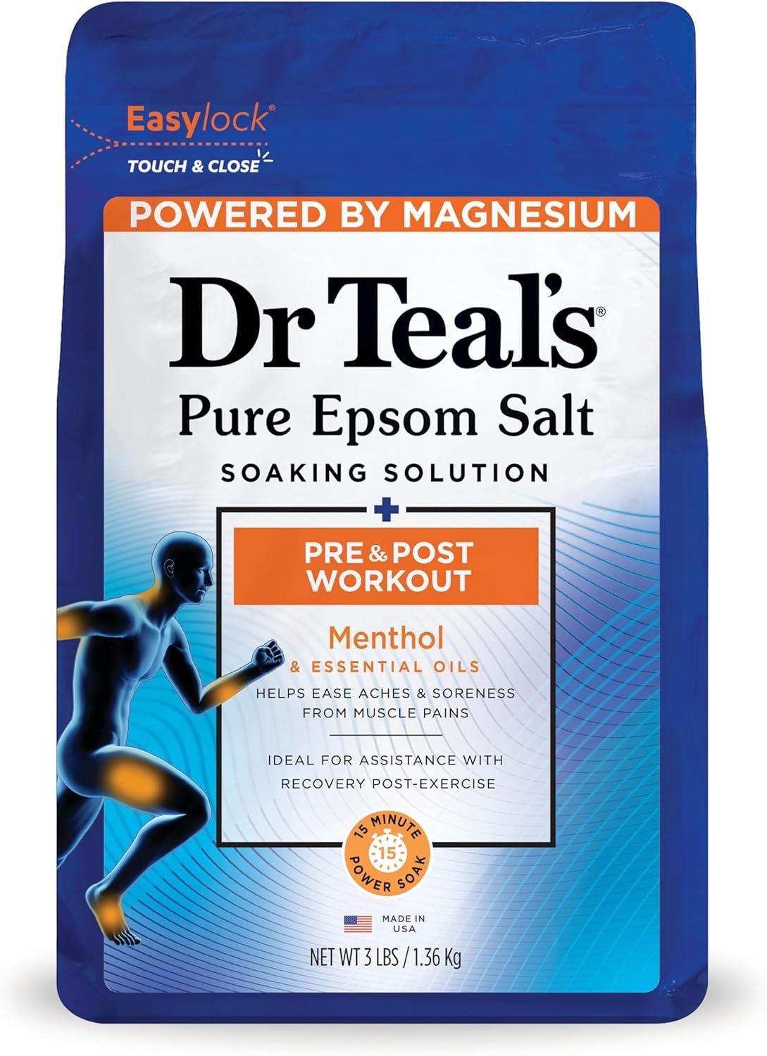 Dr Teal’s Epsom Salt Magnesium Soak, Pre & Post Workout with Menthol & Essential Oils, 3 lbs